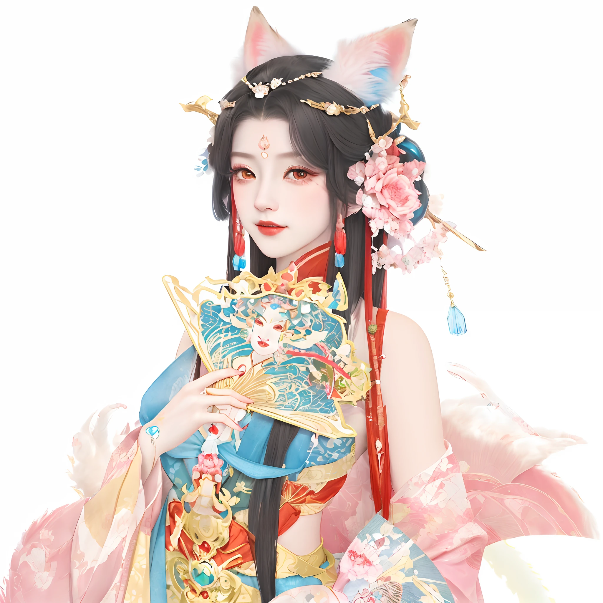 Anime girl holding fan and fan in colorful clothes, a beautiful fox lady, a beautiful fantasy empress, onmyoji portrait, Onmyoji detailed art, Guviz, Guviz-style artwork, Palace , A girl in Hanfu, Keqing from Genshin Impact, a beautiful kitsune woman, ((a beautiful fantasy empress))