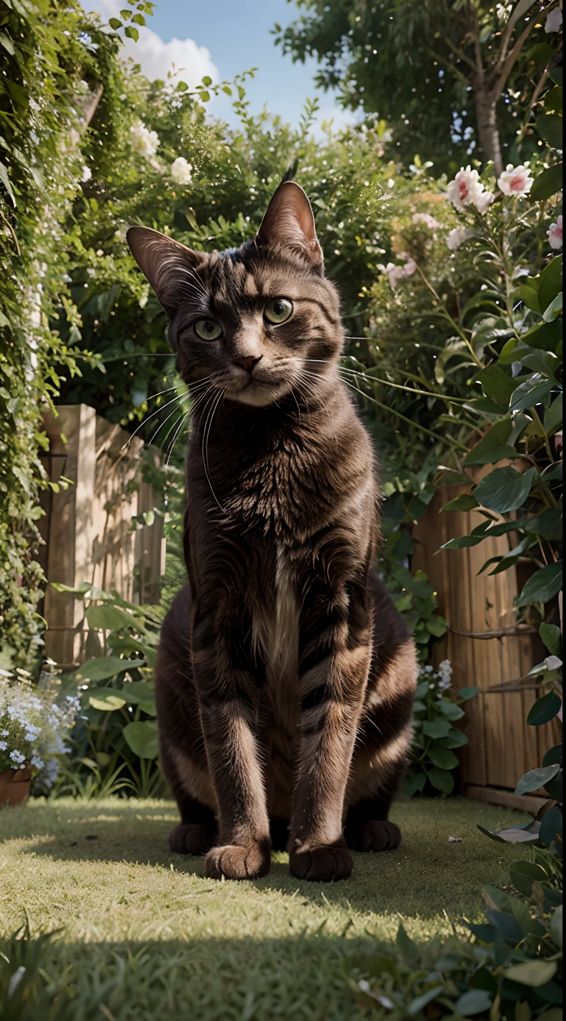 Ultra Realistic Cat Animal, photo realist, dans un jardin, chat mis en valeur , poil soyeux, grands yeux magnifiques