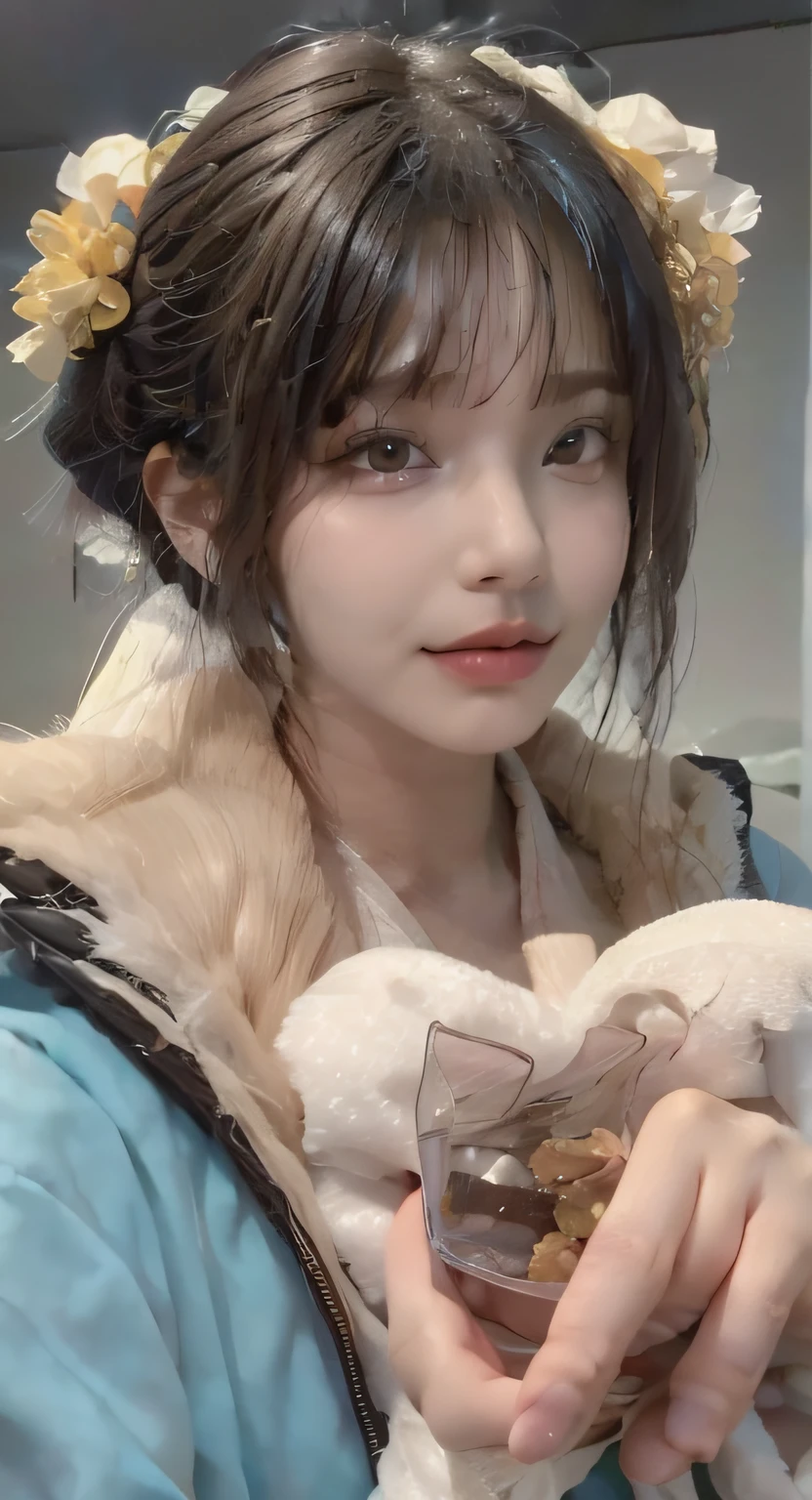 A close up of a person holding a small dog in a bag - SeaArt AI