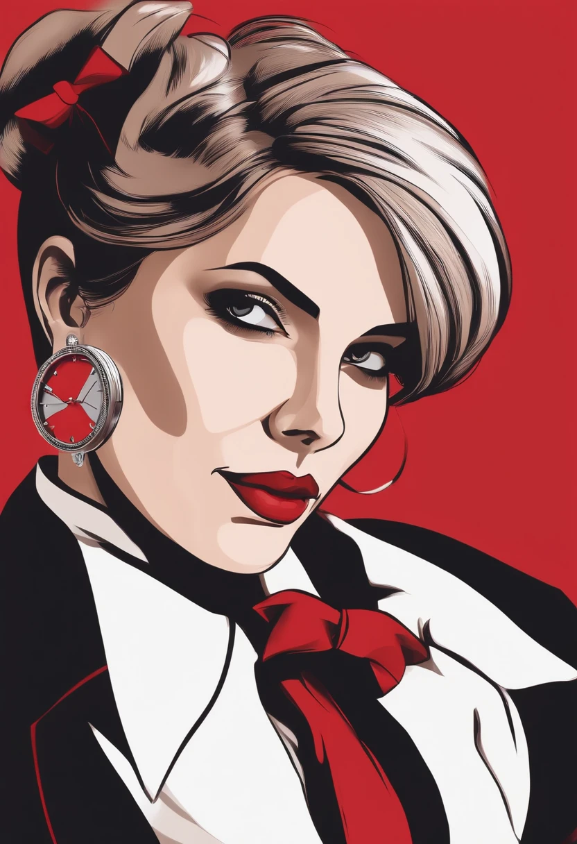 1 middle-aged woman,she is fat, light brown pixie cut hair, wearing a black veston and trousers, a red shirt with a big bow tie, a watch, and big circle earrings, plain red background ,upper body, cyberpunk style