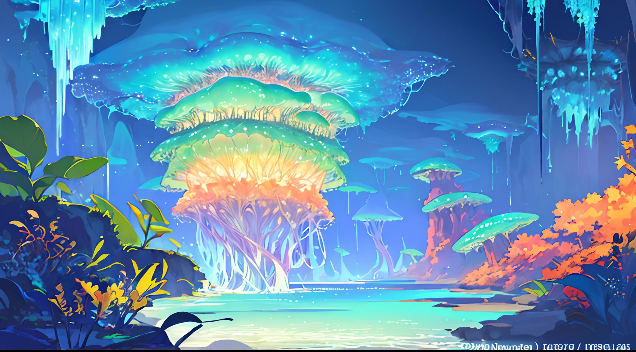 Masterpiece, High Quality, Ocean Forest, City, Fantastic Fantasy, Glowing Plants, Coral Viaduct, (Swarm of Glowing Jellyfish), (Shoal of Fish with Transparent Wings Flying in the Sky), Misty, Extreme Detail, Morning Light, Epic Composition, (Intricate Detail), (Intricate Design, Ultra Detail: 1.2), Art Station, (Masterpiece, Best Quality), Ultra HD, 32k ,castle,1girl --v 6