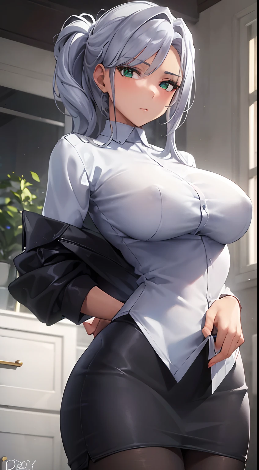 ((masterpiece)),(best quality),(detailed),(1girl),  silver hair, green glowing eyes, Updo, white shirt, black skirt, looking down on the viewer, sexy, butt to camera, pencil skirt