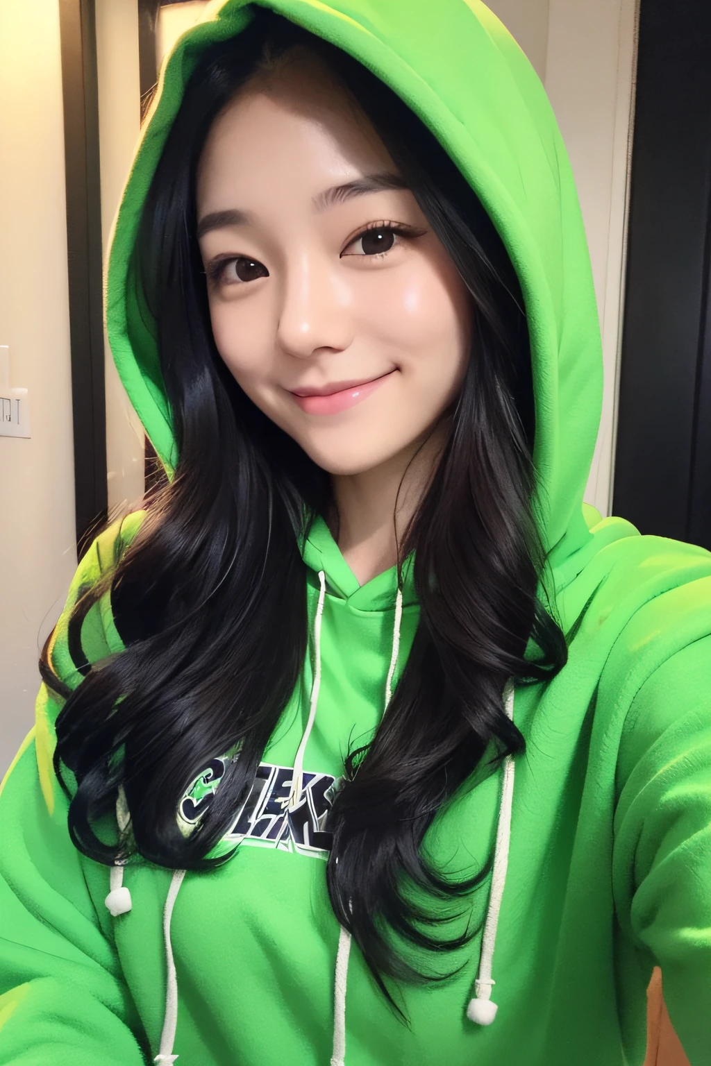 girl with、A dark-haired、Long hair、Wavy Hair、Black eyes,、Light green hoodie,、Closed smile