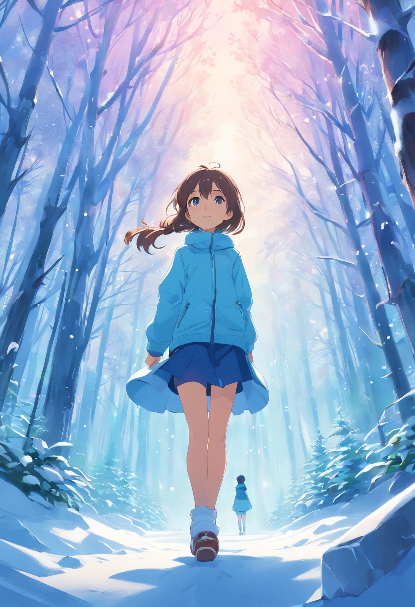 A little loli in the blue dreamy ice and snow forest