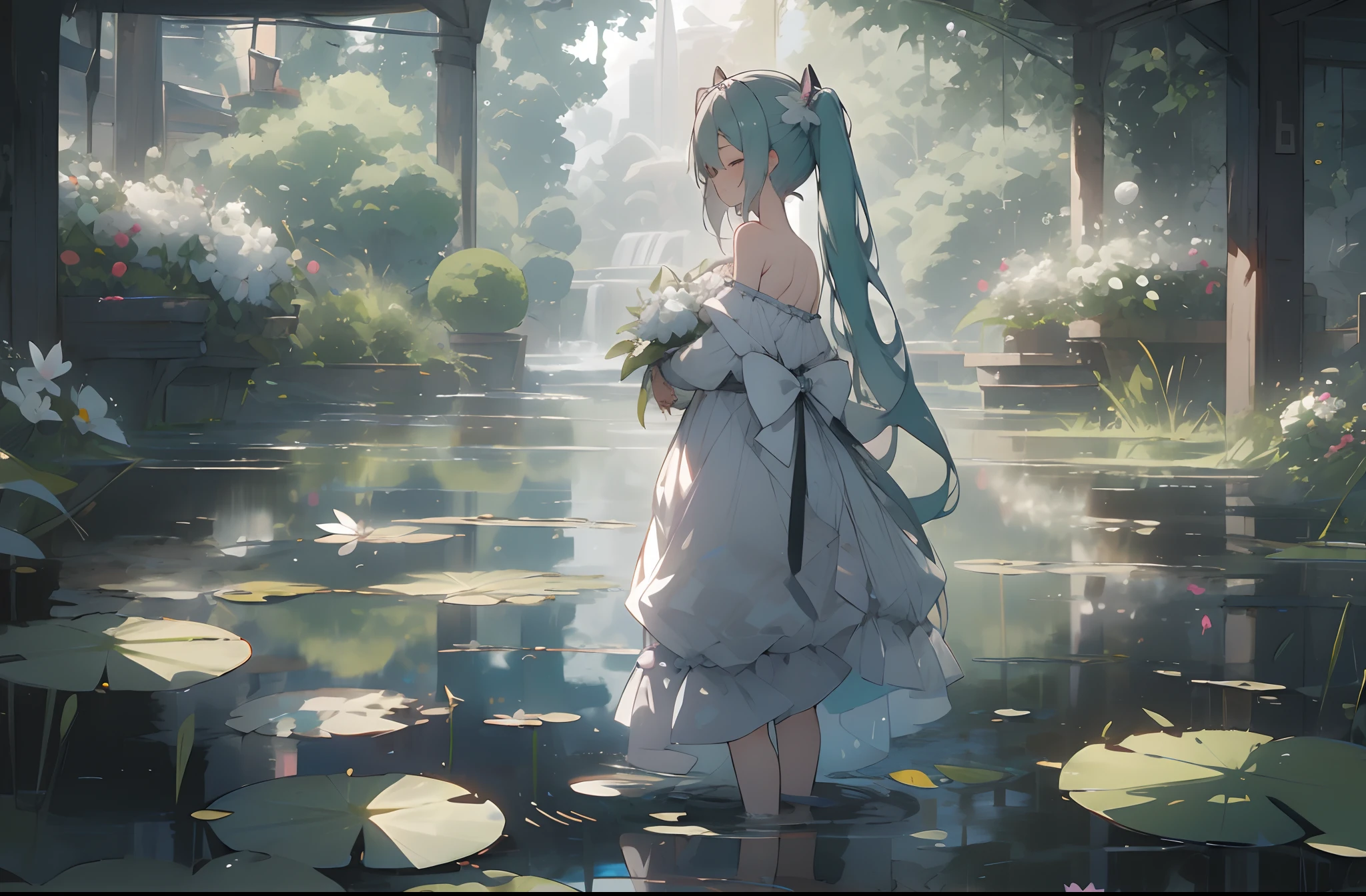1girl,Big breasts Hatsune Miku,独奏,shift dresses,florals,long whitr hair,whiteskirt,dual horsetail,extra very long hair,Hold,flor branca,Eau,wading,eye closeds,cropped shoulders,off the shoulder dress,Bouquet in hand,cropped shoulders,aqua hair,standing on your feet,from back,Water lily leaves,The facial features are clear