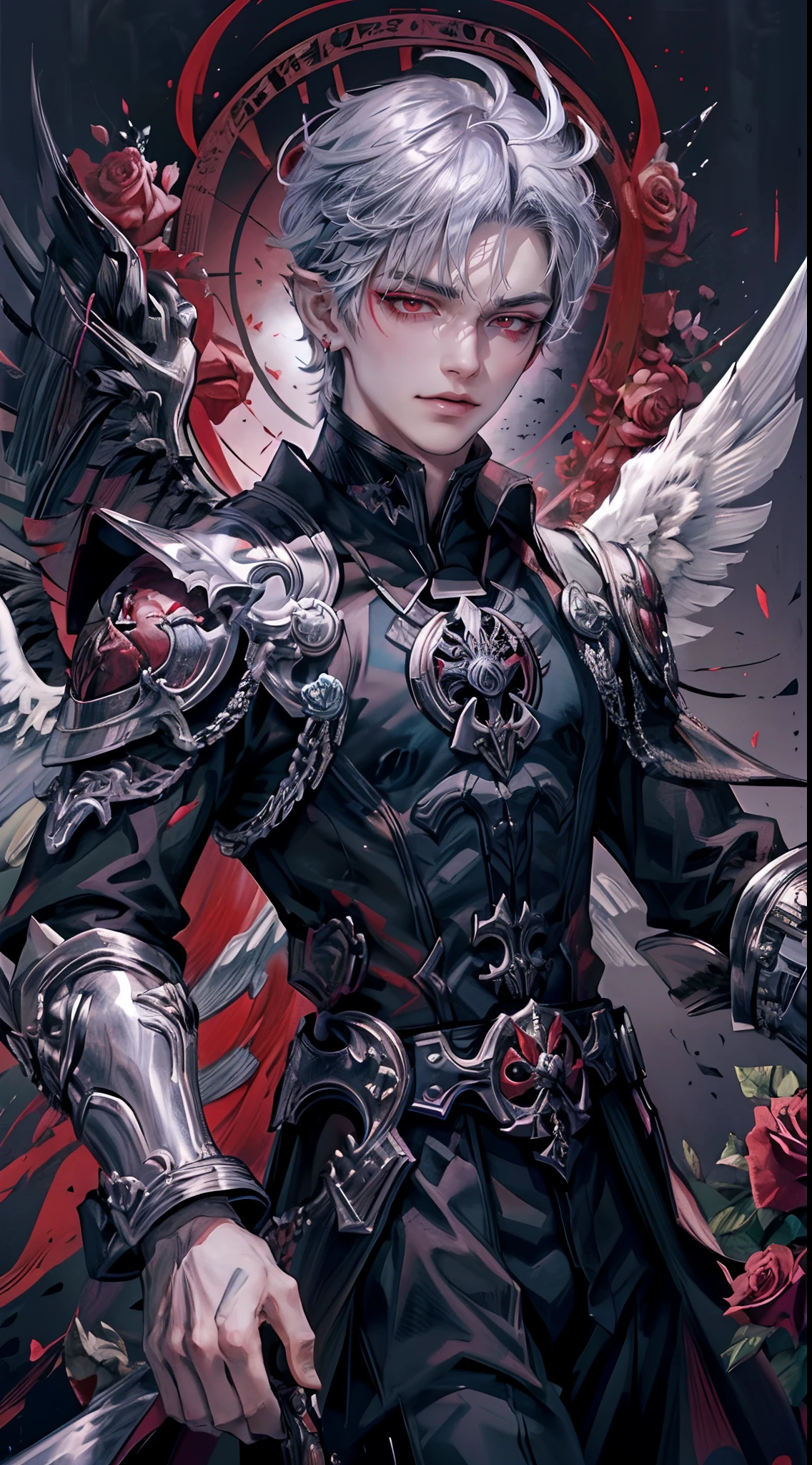 ((4K works))、​masterpiece、（top-quality)、((high-level image quality))、((One Beautiful Fallen Angel Man))、King of Fallen Angels、Slim body、((Vampire Black Y-Shirt Fashion))、(Detailed beautiful eyes)、((Red roses and crows on fantastic black background))、Inside the Evil Castle、((Face similar to Chaewon in Ruseraphim))、((Fallen Angel Longhair))、(((bright silver hair)))、((Smaller face))、((Neutral face))、((Evil face))、((Red Eyes))、((Korean Male))、((50 years old))、((wild boy))、((Evil look))、((angry expressions))、((Show your teeth and smile))、((Korean makeup with black eyeshadow))、((elongated and sharp eyes))、((Shot alone))、((Fallen angels))、Photos of fallen angels、Villain、Dark Proof、((Shot from diagonally in front))、Fallen Angel Pose