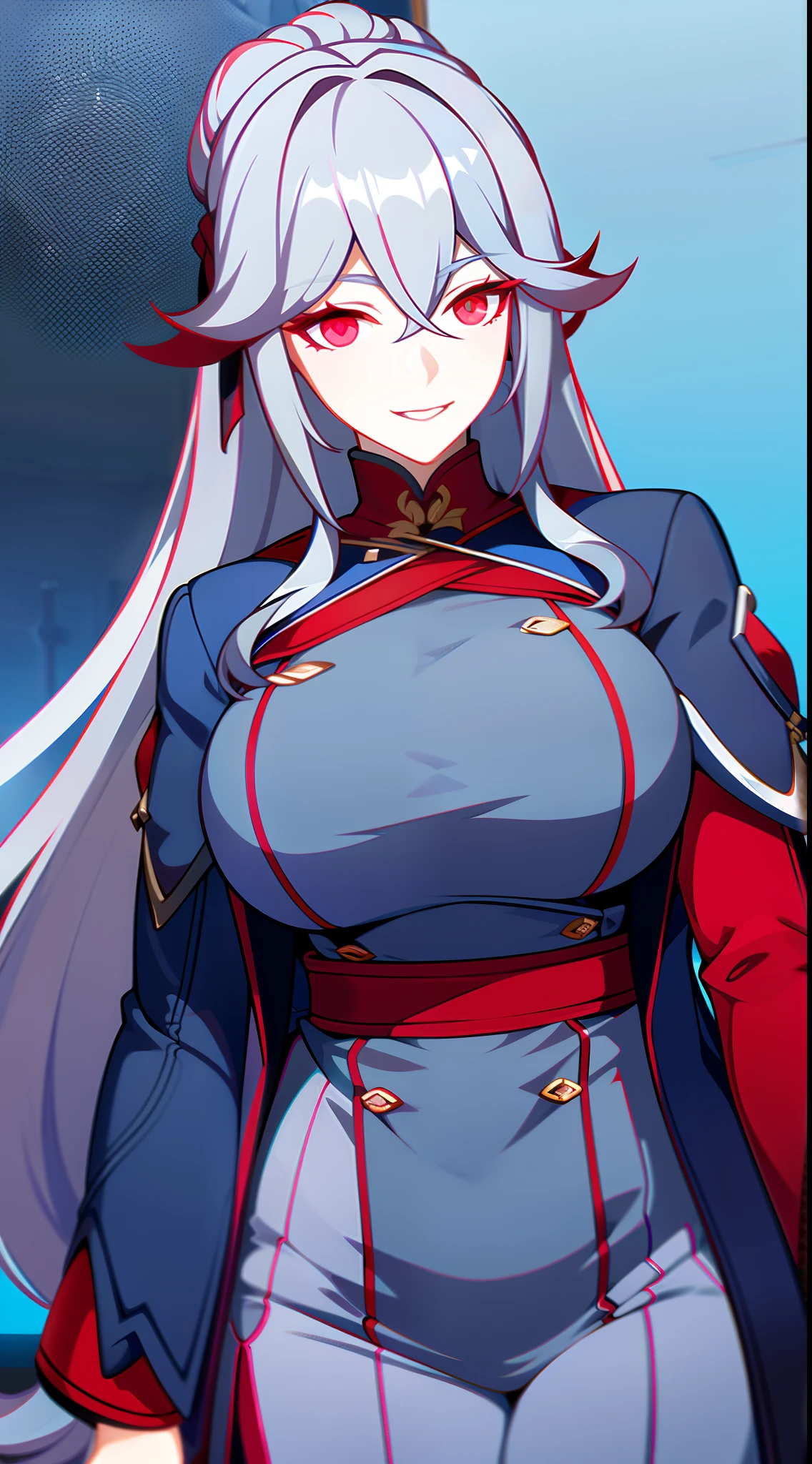 Adult woman, long gray hair, red eyes, red eyeshadow, blue lipstick, blue jacket, white pants , large breasts, Smile, Masterpiece, hiquality, 4k, HD, Good detail