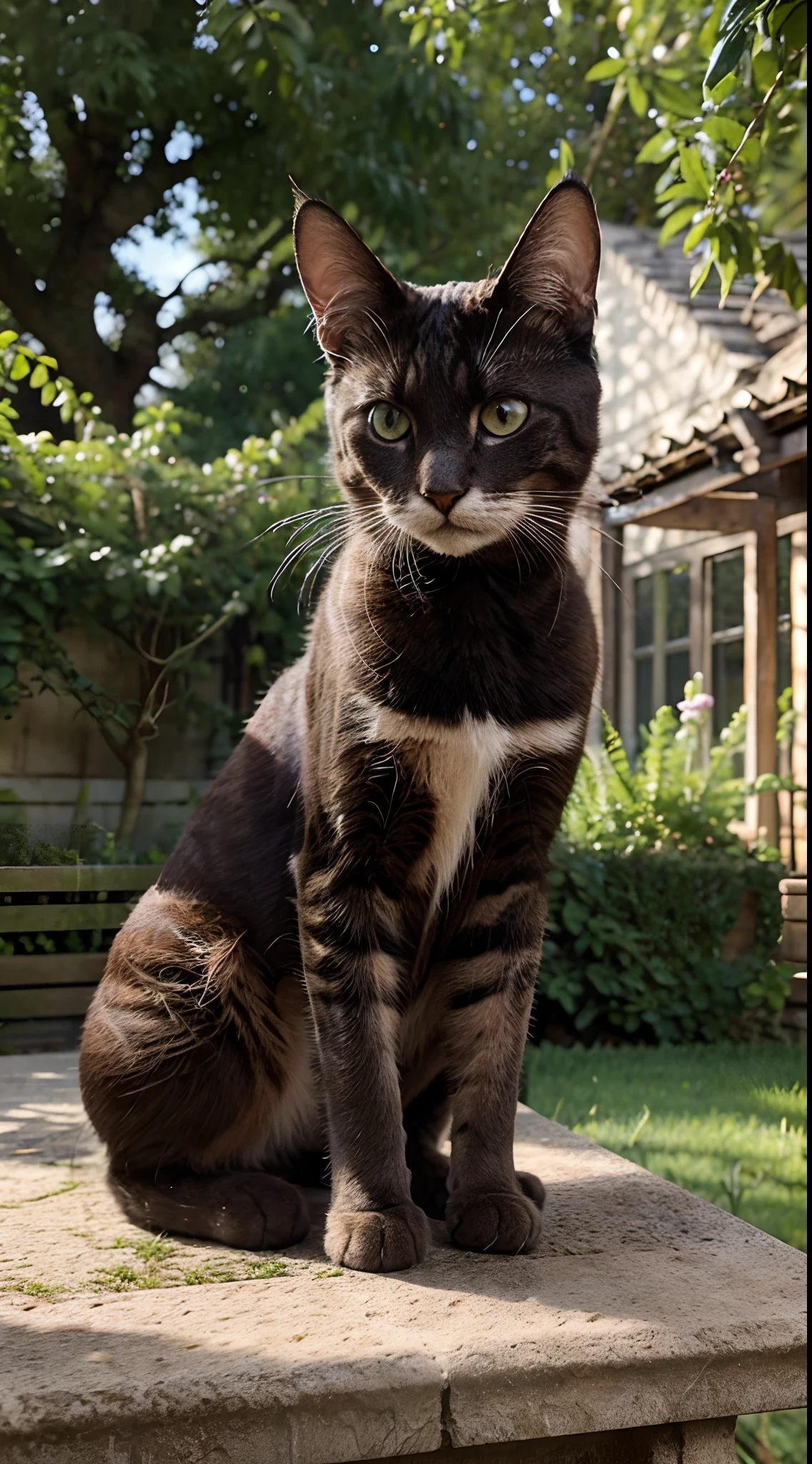 Ultra Realistic Cat Animal, photo realist, dans un jardin, chat mis en valeur , poil soyeux, grands yeux magnifiques