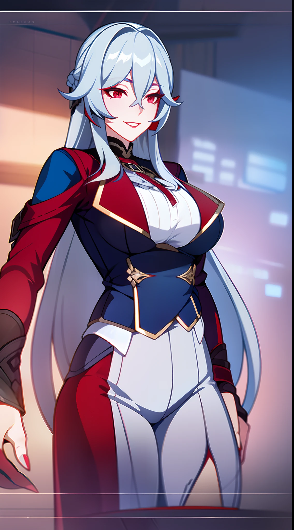 (masterpiece, best quality:1.2), 1girl, (adult:1.2), solo, standing, face focus, cinematic shot, lyla, white hair, long hair, blunt bangs, horns, (black sclera, colored sclera, blue eyes:1.2), looking at viewer, red skin, white shirt, huge breasts, full body,woman-medieval-clothes, robe, dress, longskirt