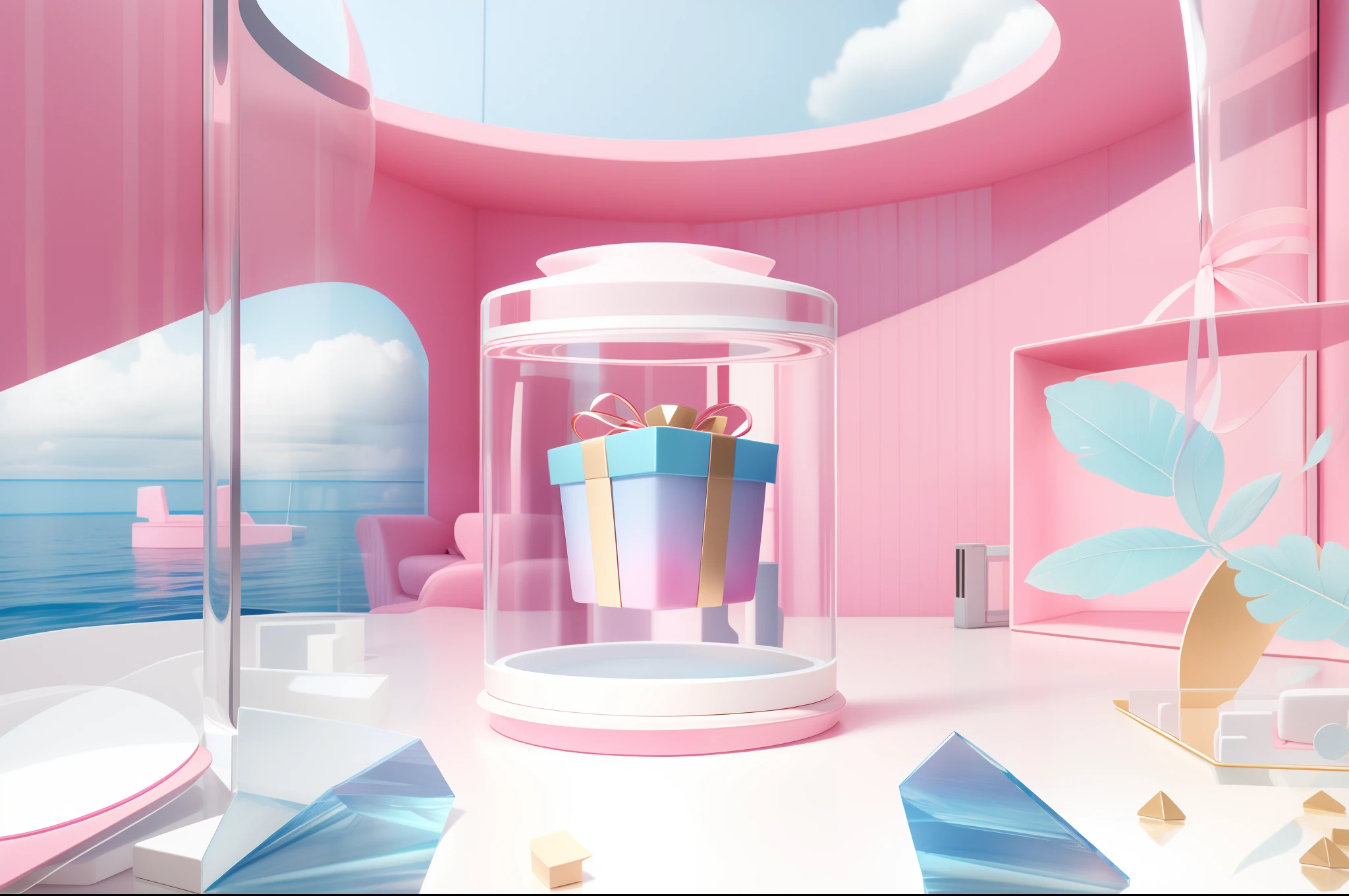 There was a pink room，There is a glass compartment，There is a delicate gift inside，。.。.3D，Ultra high quality