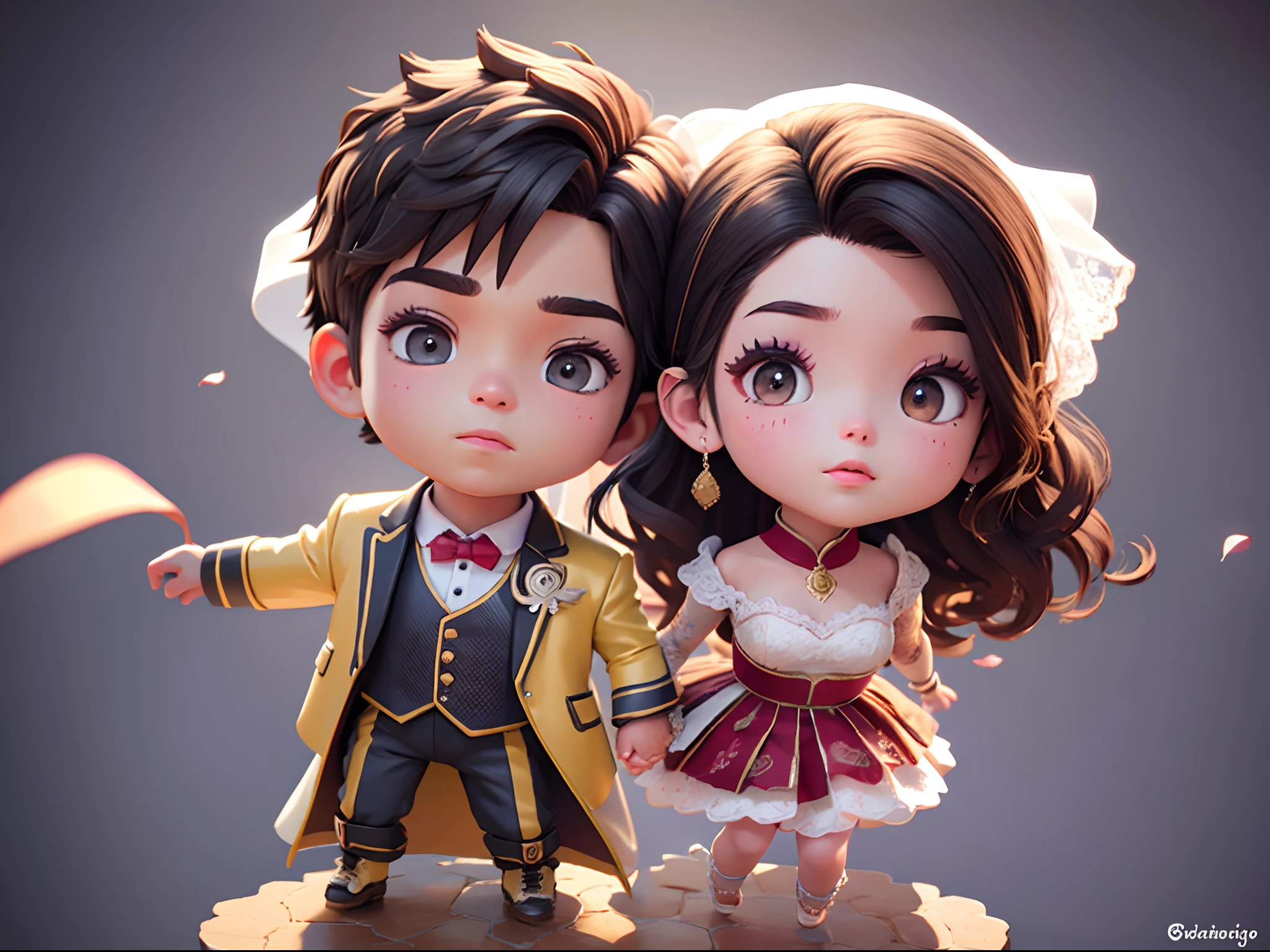 Wedding boy and girl Dengan tangan saling bergandengan, full body, big head, 3D style, detail face, realistic face, blurr background studio,