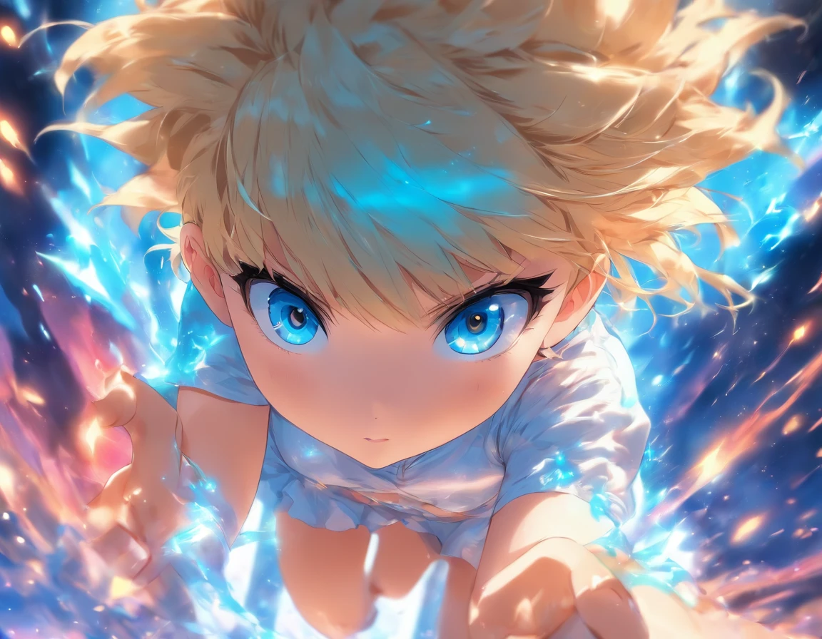 Loli with short blonde hair and blue eyes without underwear