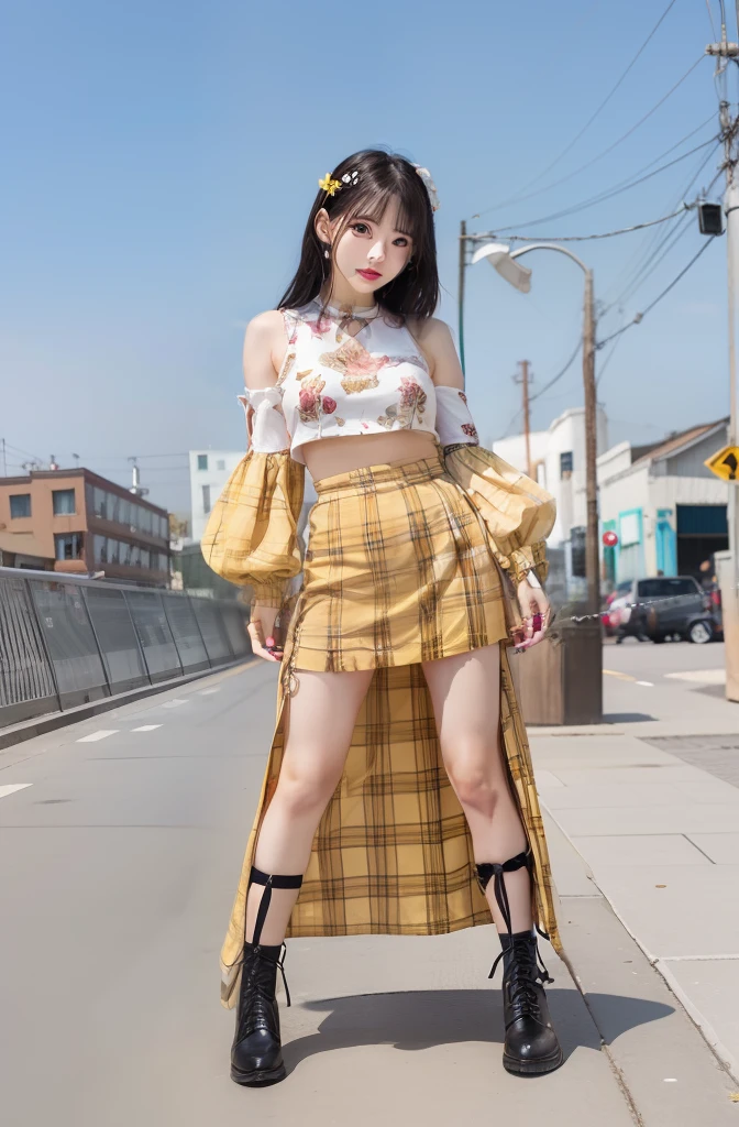 beautiful foot、Female idol covered in skeletons、Good Style、、、minidress、Idol face、large full breasts、、、long beautiful legs、、Ribbed print tops、Yellow Mini Skirt