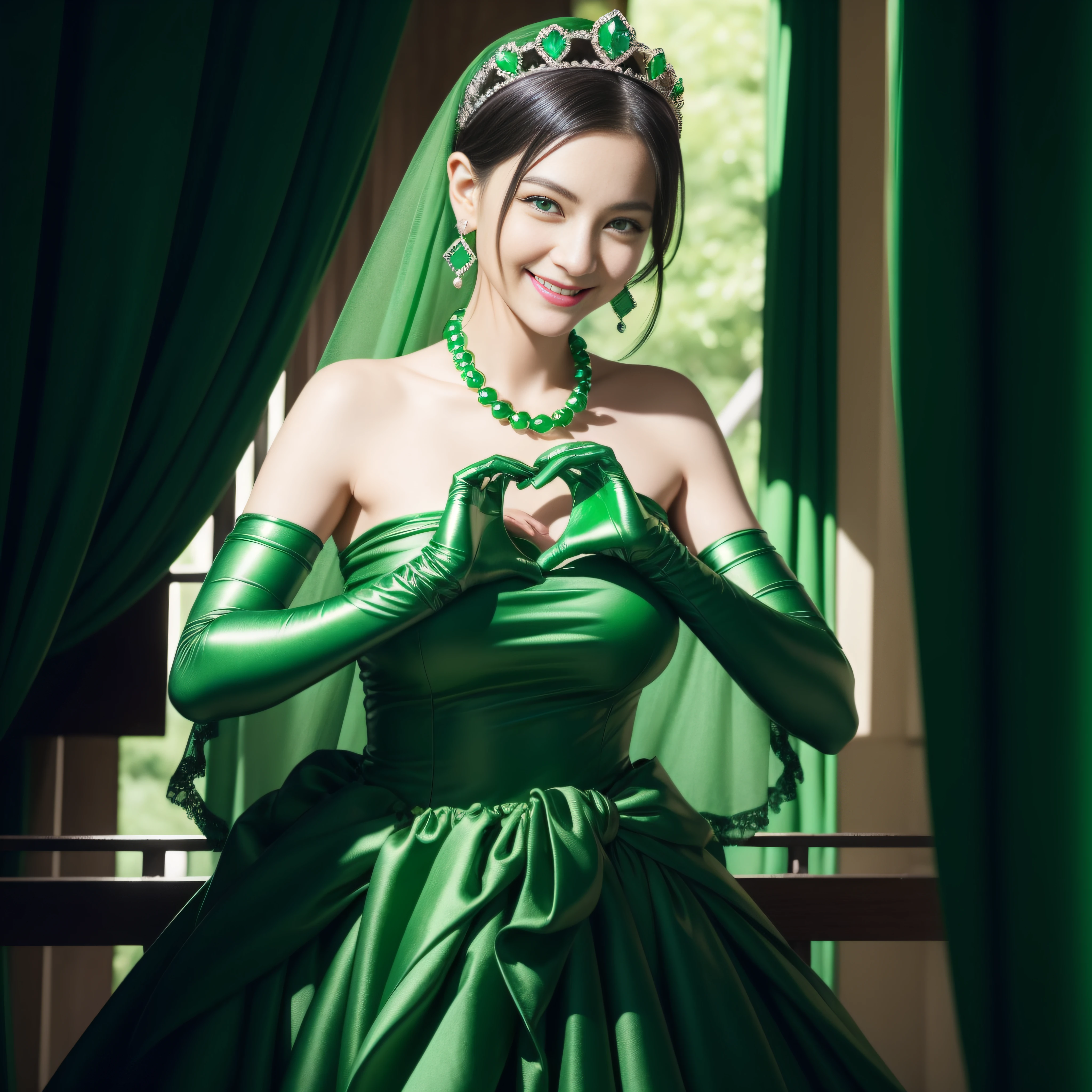 emerald tiara, Green Pearl Necklace, Boyish very short black hair, lipsticks, Japan woman smiling, very short short hair,  big breasts beautiful, Green eyes, Long green gloves made of satin material, Green eyes, Emerald Earrings, green vale, Heart with both hands,Black hair