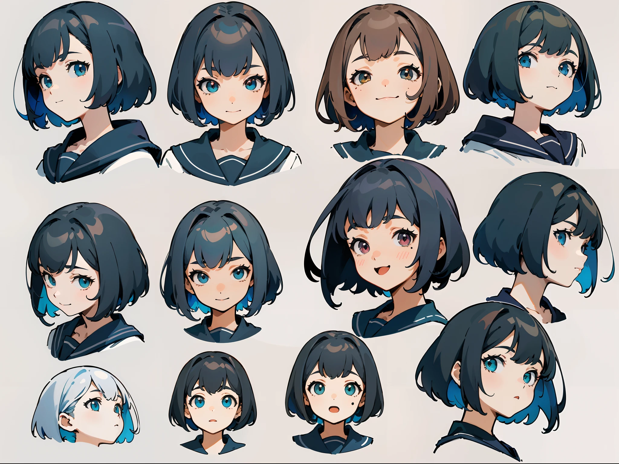 (masterpiece, best quality), 1girl, anime character facial expression sheet, Draw one facial expression from various directions on one sheet, draw a total of 6 faces, 3 horizontally and 2 vertically. The specified facial expression is a cheerful smile, portrait shot area depiction,
BREAK,
girl, 18, 165cm tall, slender, medium bob brunette hair, large slanted eyes, school uniform, (simple white background, only characters are colored:1.3),