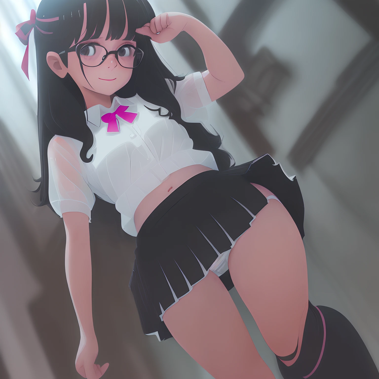 ((1 girl in))((Black hair one-sided side tail))、((Black-rimmed glasses))、((Navel out))、((Wet and see-through white blouse))、((( female child)))、((Pnee-high socks))、Tight mini skirt、Shy smile、Blushing cheeks、(((Girl is lifting the hem of her skirt with both hands)))((((white  panties))))、(White panties with red ribbon decoration)