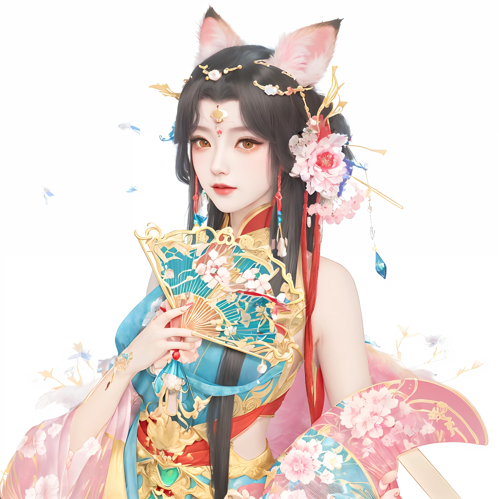 Anime girl holding fan and fan in colorful clothes, a beautiful fox lady, a beautiful fantasy empress, onmyoji portrait, Onmyoji detailed art, Guviz, Guviz-style artwork, Palace , A girl in Hanfu, Keqing from Genshin Impact, a beautiful kitsune woman, ((a beautiful fantasy empress))