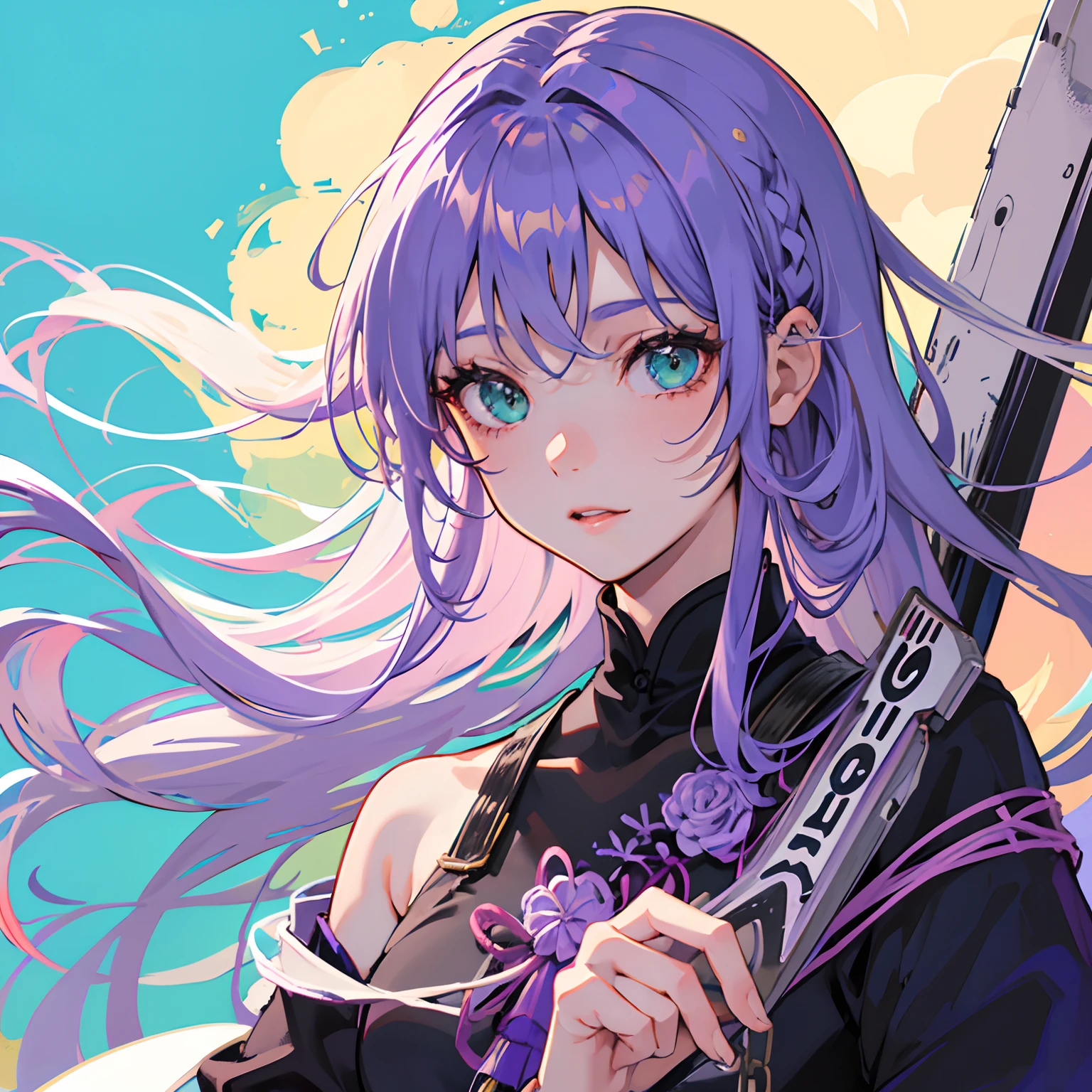 girl with,Light purple hair,Green eyes,close up of face,Bright background,Skysky