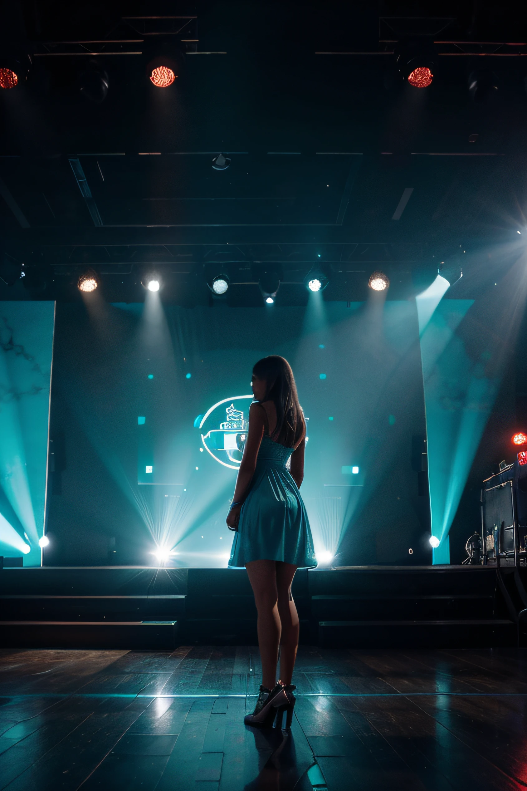 "Create a detailed description or concept for a stage setup featuring turquoise-colored lights and a prominent screen positioned at the top from a straight front-view perspective. a woman standing in the middle of the stage with fancy longdresss