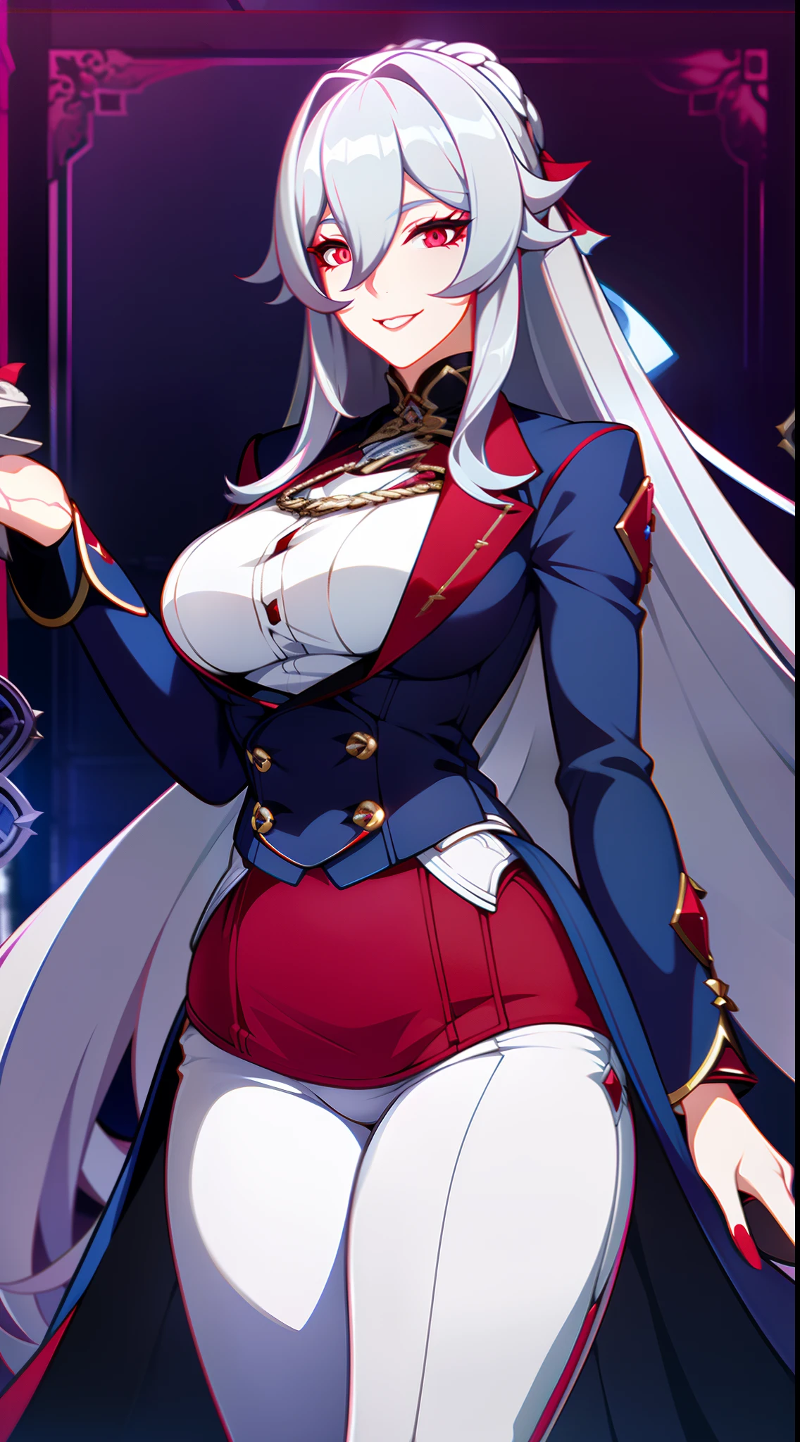 Adult woman, long gray hair, red eyes, red eyeshadow, blue lipstick, blue jacket, white pants , large breasts, Smile, Masterpiece, hiquality, 4k, HD, Good detail