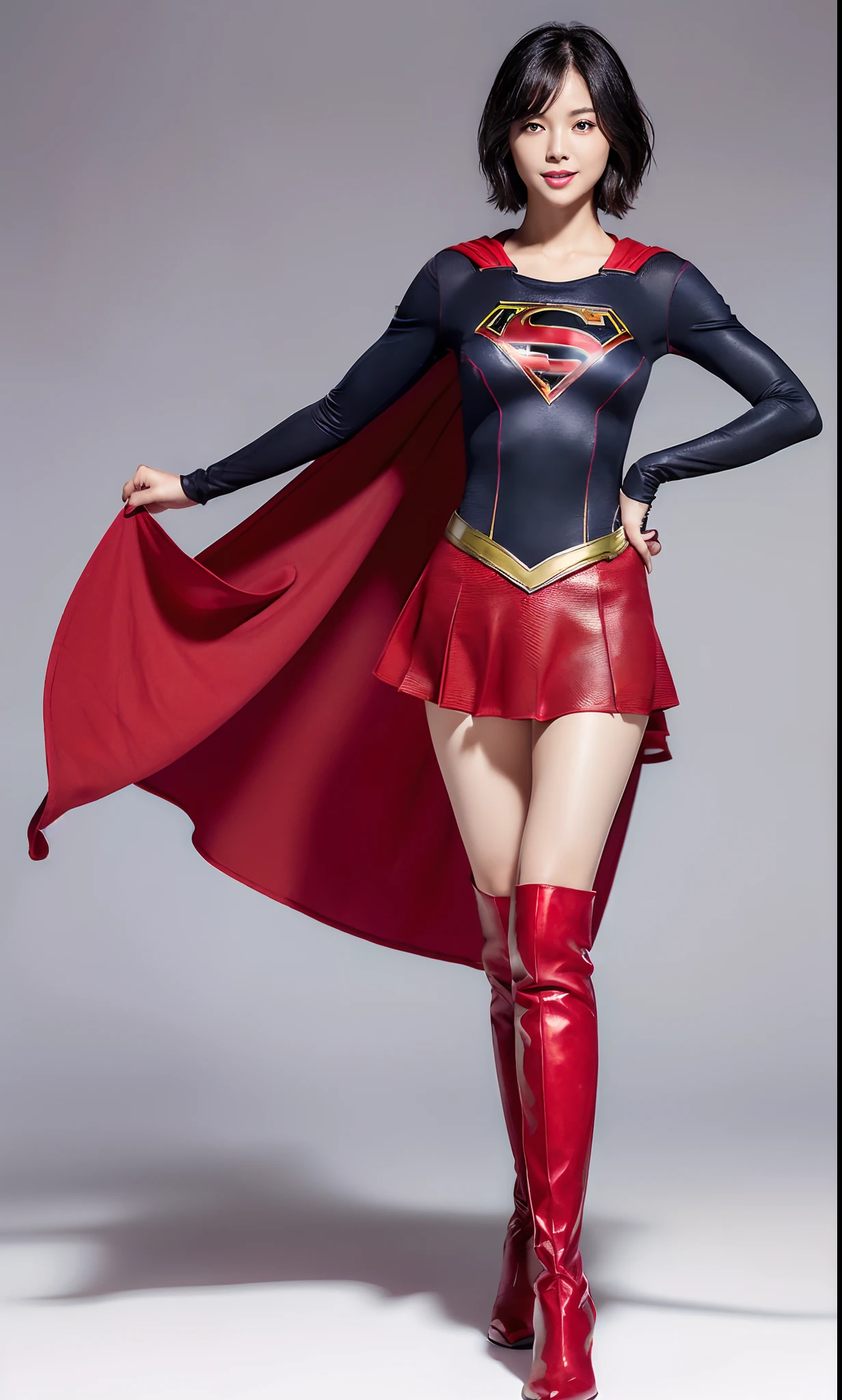 (((Wear black tights on your beautiful legs.)))、(((Grow legs、tall、beauty legs)))、(((facial expression of smile)))、((((Make the most of the original image)))、(((Supergirl Costume)))、(((Beautiful short hair、The hair)))、(((Suffering)))、(((Feet must necessarily be worn with black tights)))、(((You need to wear red boots)))、((Top image quality、8K))、((top-quality、8K、​masterpiece:1.3))、(((Keep your background simple)))、Crisp focus:1.2、Beautiful woman with perfect body shape:1.4、Slender Abs:1.2、a wet body:1.5、Highly detailed facial and skin texture、8K