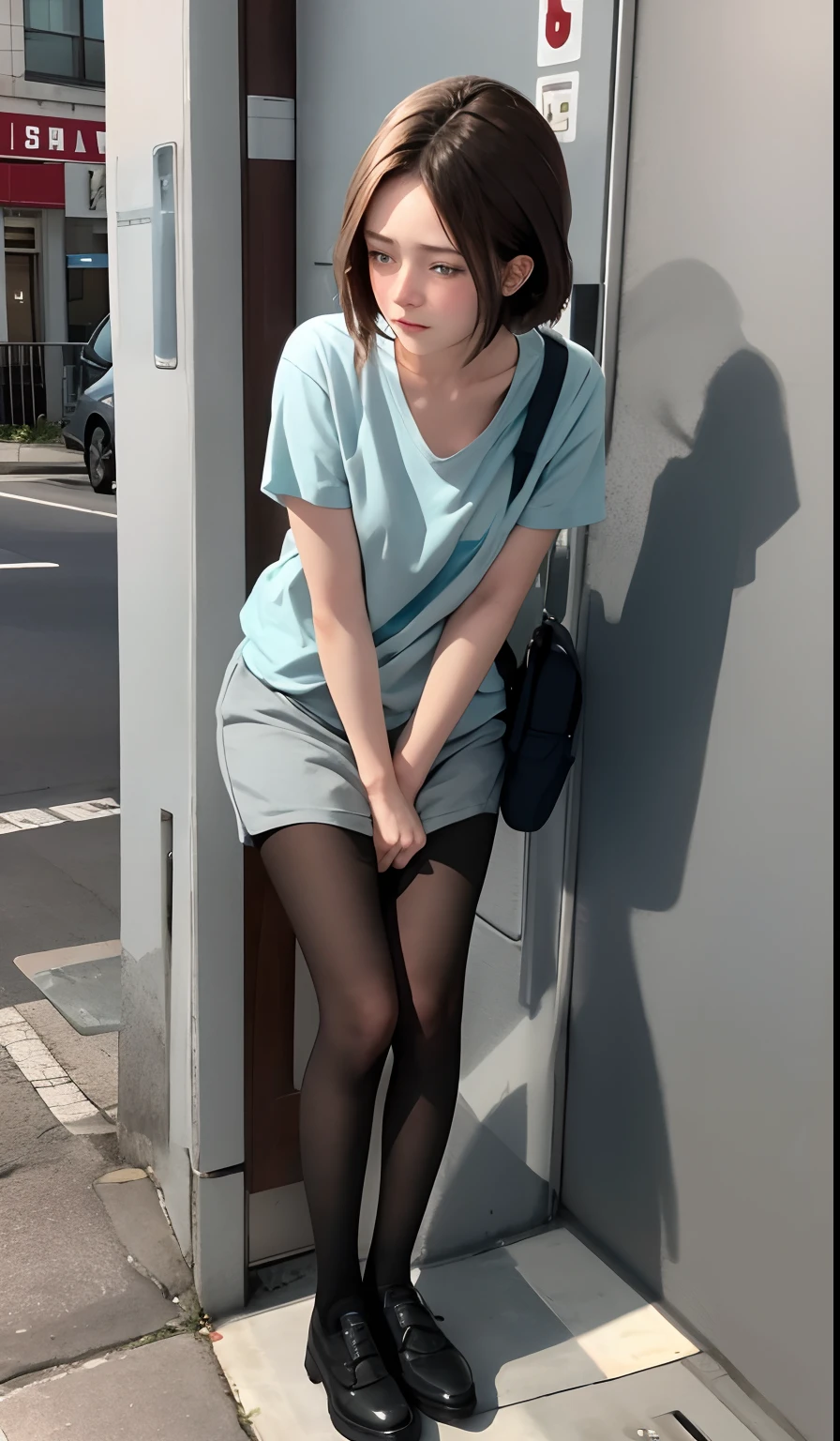 1 girl is taking to lavatory, looking away, standing, Green eyes, embarrassed, blush, Keep one's mouth shut, street (girl is peeing self:0.4)