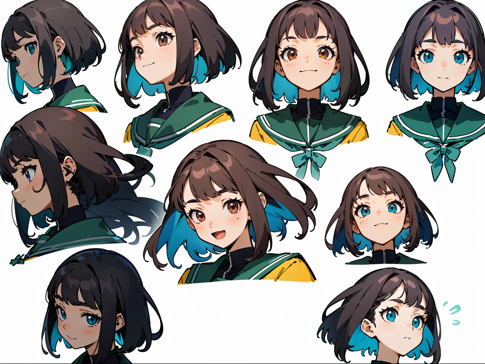 (masterpiece, best quality), 1girl, anime character facial expression sheet, Draw one facial expression from various directions on one sheet, draw a total of 6 faces, 3 horizontally and 2 vertically. The specified facial expression is a cheerful smile, portrait shot area depiction,
BREAK, 
girl, age18, 165cm tall, slender, medium bob brunette hair, large slanted eyes, school uniform, (simple white background, only characters are colored:1.3),