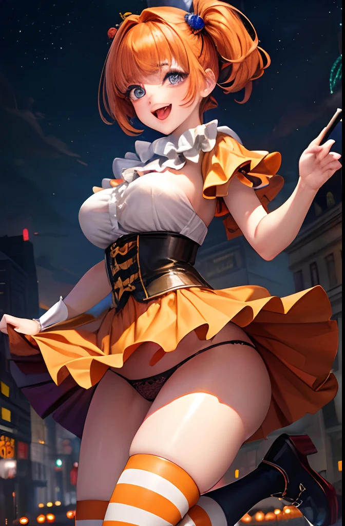 (top-quality、in 8K、32K、masterpiece、nffsw、超A high resolution、Impresionismo、Photorealsitic:1.2)、Colossal tits、cowboy shot、Magic Pose、 detailed faces and eyes、 nightcity、Dim Street Lights、A jack-o'-lantern is placed on the road、Halloween Costumes、Clown makeup for a beautiful girl 、beauitful face、blurry backround、16-year-old aut girlinny skin、Medium Hair、beautiful orange hair、Blunt bangs、Black eyes、(Clown clothes:1.2)、Clown clothes、flered skirt、knee high、Clown shoes、Curve、(Panties are visible:1.2)、Smile with open mouth、juggler