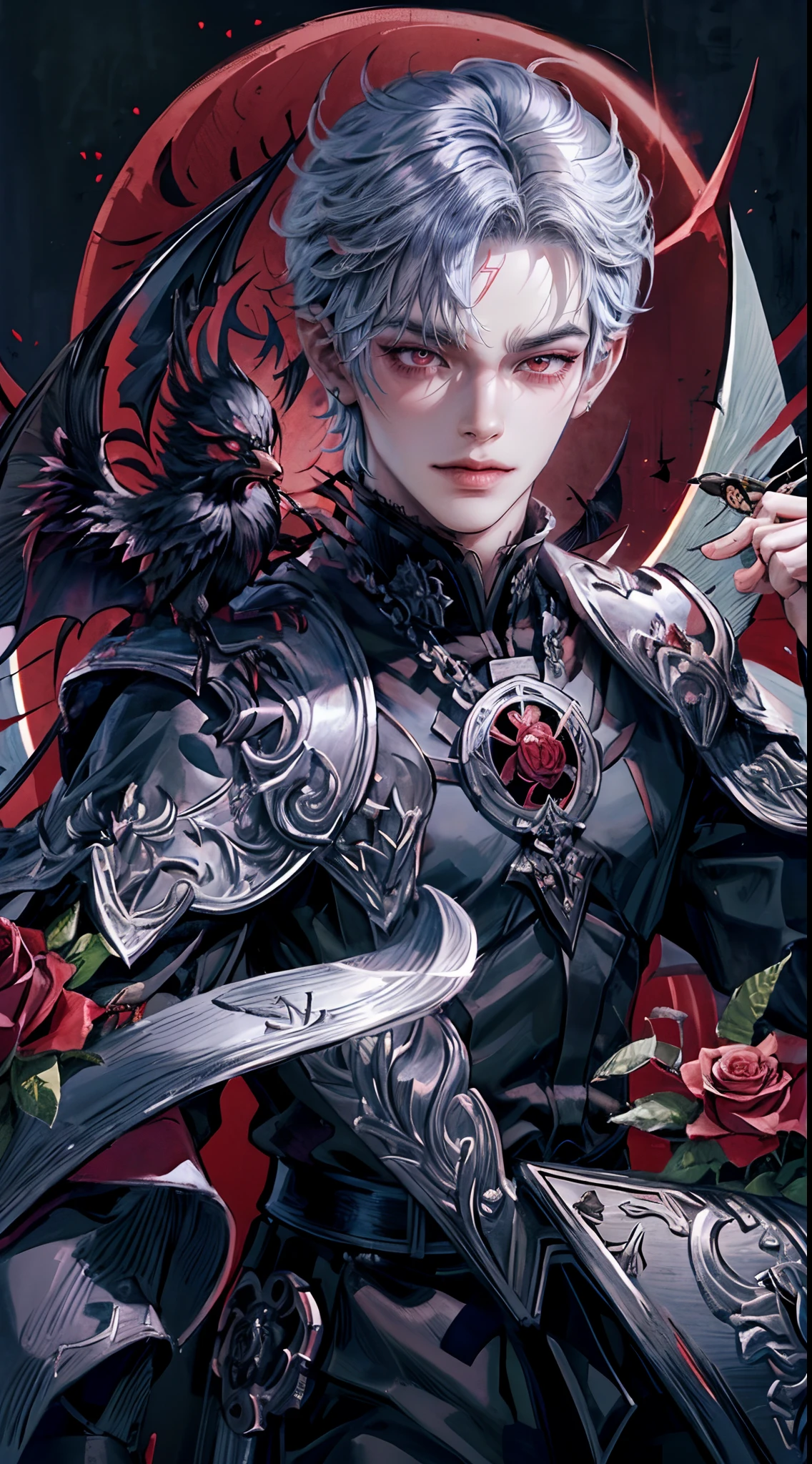 ((4K works))、​masterpiece、（top-quality)、((high-level image quality))、((One Beautiful Fallen Angel Man))、((King of Fallen Angels))、Slim body、((Vampire Black Y-Shirt Fashion))、(Detailed beautiful eyes)、((Red roses and crows on fantastic black background))、Inside the Evil Castle、((Face similar to Chaewon in Ruseraphim))、((Fallen Angel Longhair))、(((bright silver hair)))、((Smaller face))、((Neutral face))、((Evil face))、((Red Eyes))、((Korean Male))、((50 years old))、((wild boy))、((Evil look))、((angry expressions))、((Show your teeth and smile))、((Korean makeup with black eyeshadow))、((elongated and sharp eyes))、((Shot alone))、((Fallen angels))、Photos of fallen angels、Villain、Dark Proof、((Shot from diagonally in front))、Fallen Angel Pose