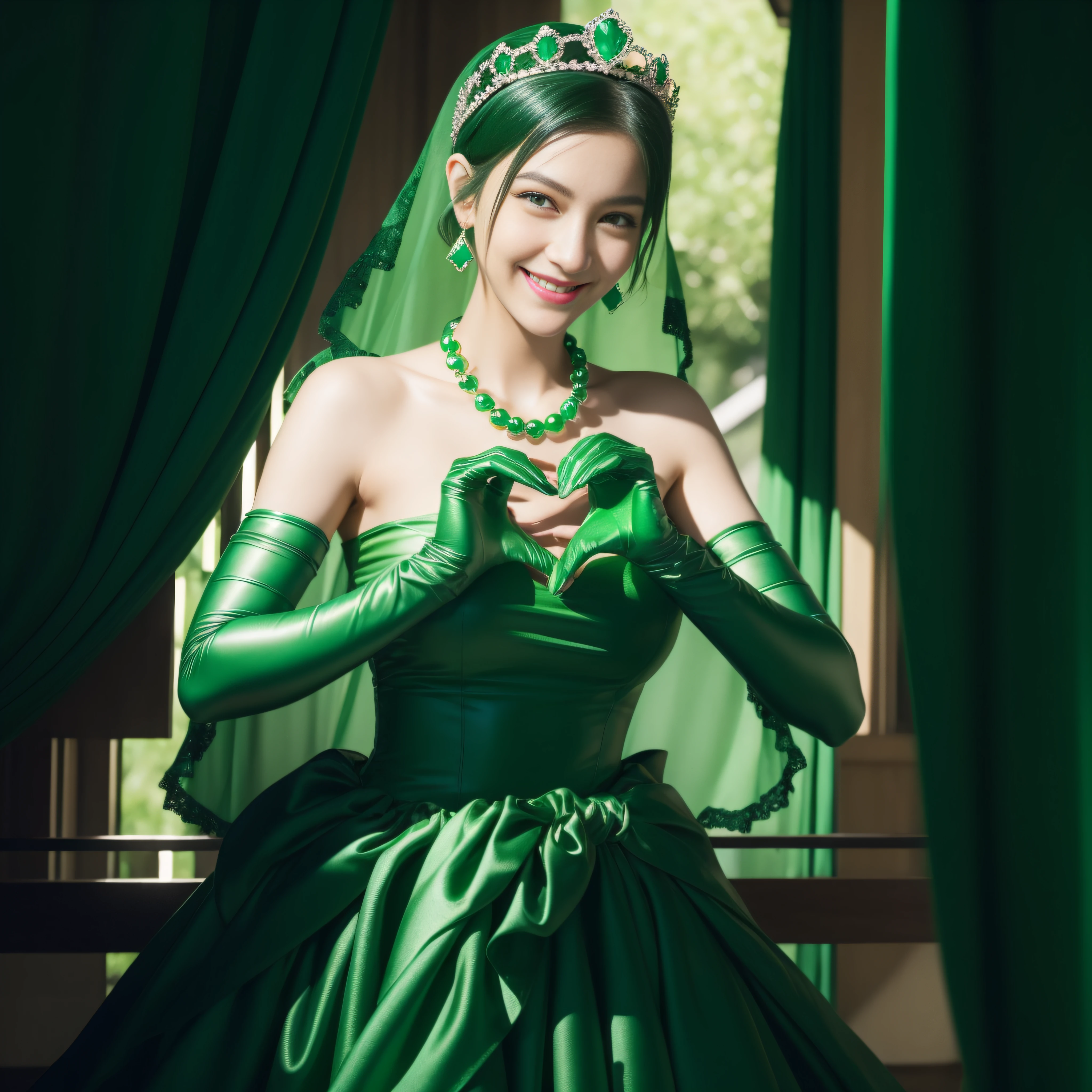 emerald tiara, Green Pearl Necklace, Boyish very short black hair, lipsticks, Japan woman smiling, very short short hair,  big breasts beautiful, Green eyes, Long green gloves made of satin material, Green eyes, Emerald Earrings, green vale, Heart with both hands,Black hair