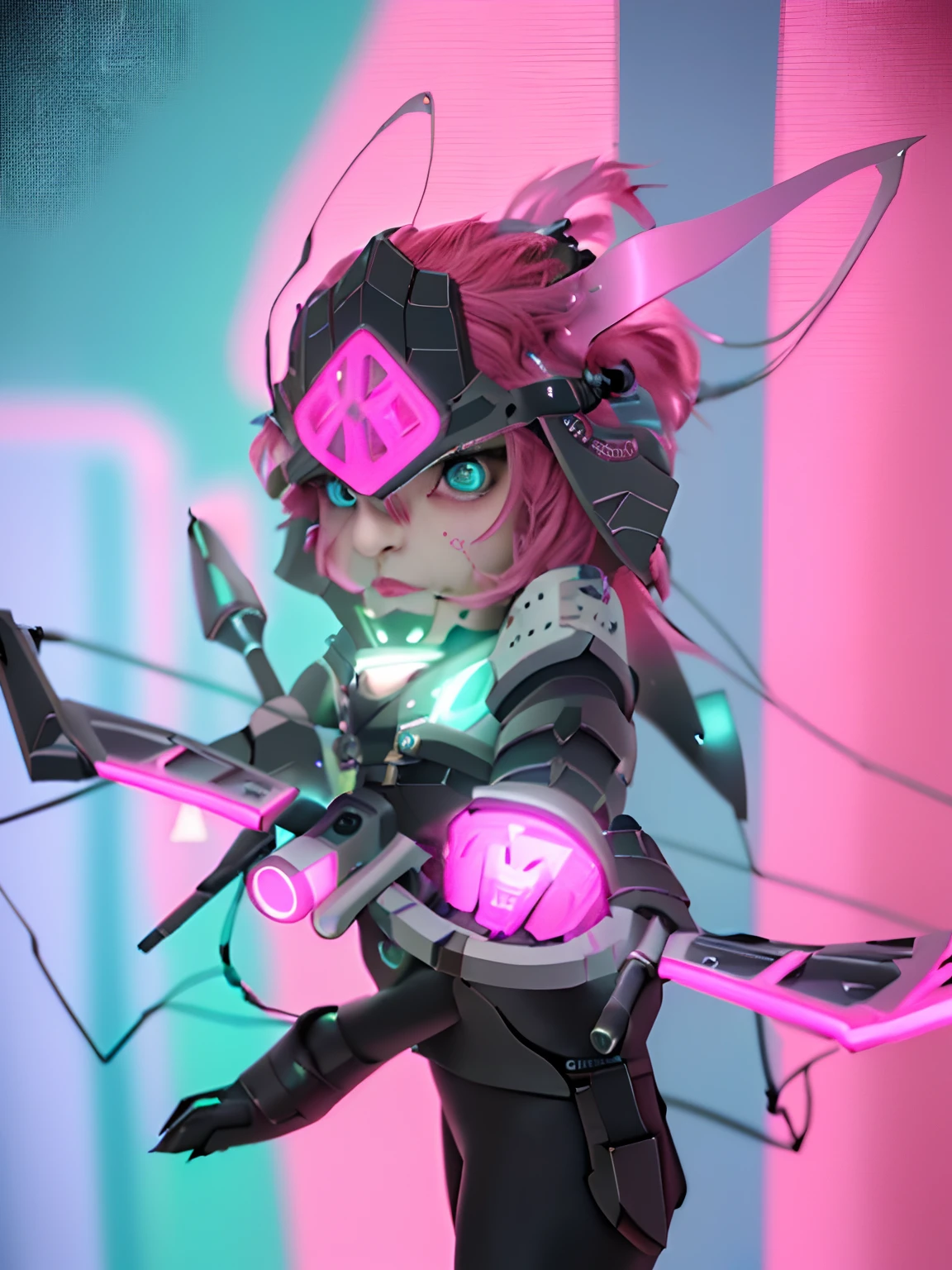 1girll, (Female:1.2), Young, Cute face, finely detailed eyes and face, Rose pink hair, aqua eyes, view the viewer, (eThemes:1.1) Evil high-tech futuristic hacker, gamer, Smile, Advanced technology, Android, cybersuit, exosuit, hardsuit, mechasuit, Mecha, techwear outfits, The card, cable wires, (Holographic Display:1.05), Error message, Computer, password, Gamer room in the background, pink lighting, Cyber warfare, kawaiitech, Pastel colors, kawaii, sci-fy, Cowboy shot, Fine background, Depth of field, vfx，full bodyesbian，full body in view