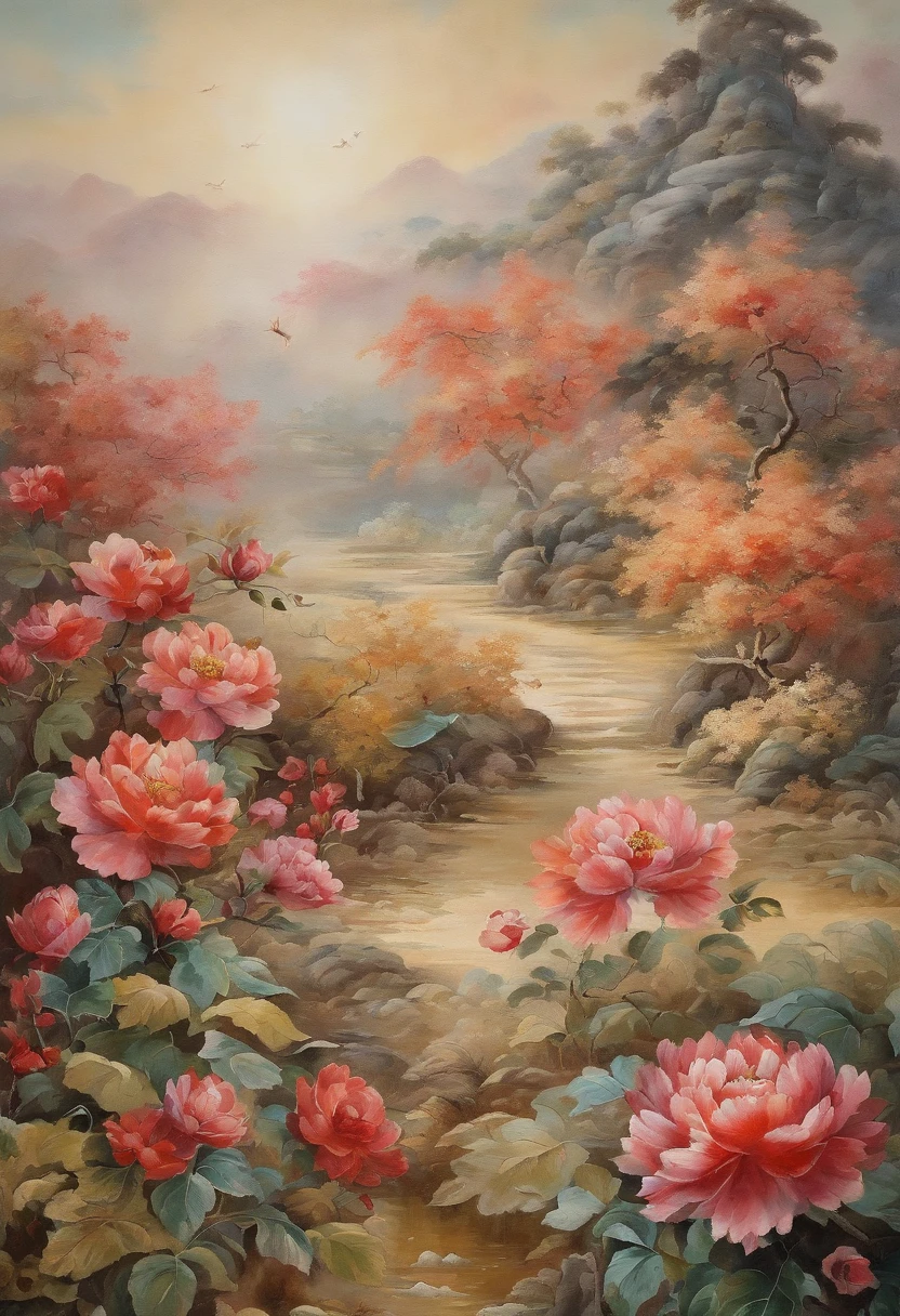 Field with beautiful flowers (close-up cleavage), meditate, Zazen, A meditative (Chinese landscape painting), (ink and watercolor painting), (8k wallpaper), (Light and Shadow Effect), rendering by octane, White balance design, Extremely detailed image representation, Wide angles, depth of fields, masterpiece, realistic, beautifully portrayed, a detailed, accurate, Masterpieces, masterpiece”