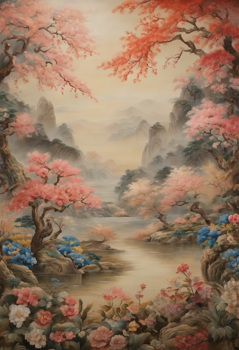 Field with beautiful flowers (close-up cleavage), meditate, Zazen, A meditative (Chinese landscape painting), (ink and watercolor painting), (8k wallpaper), (Light and Shadow Effect), rendering by octane, White balance design, Extremely detailed image representation, Wide angles, depth of fields, masterpiece, realistic, beautifully portrayed, a detailed, accurate, Masterpieces, masterpiece”