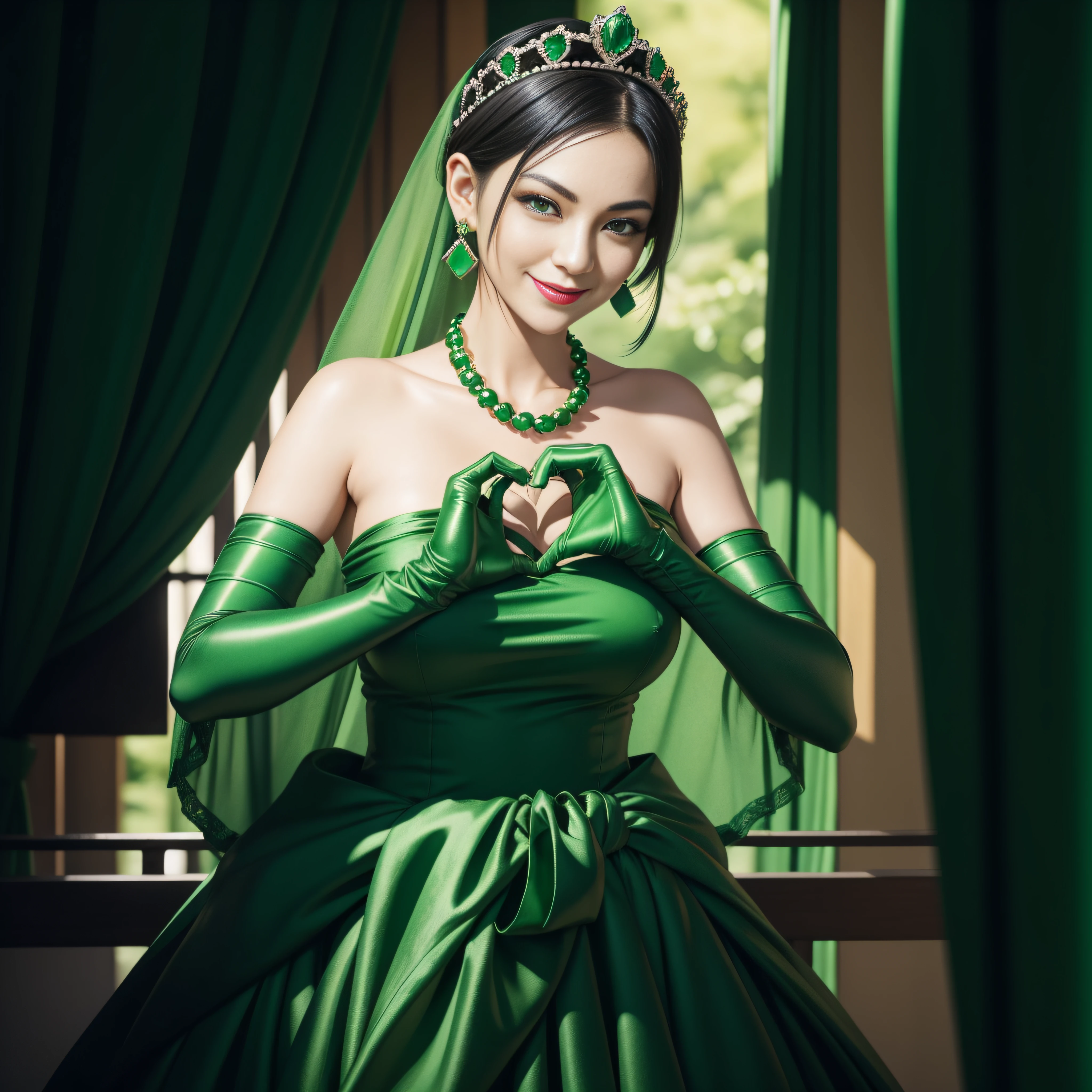 emerald tiara, Green Pearl Necklace, Boyish very short black hair, lipsticks, Japan woman smiling, very short short hair, big breasts beautiful, Green eyes, Long green gloves made of satin material, Green eyes, Emerald Earrings, green vale, Heart with both hands,Black hair