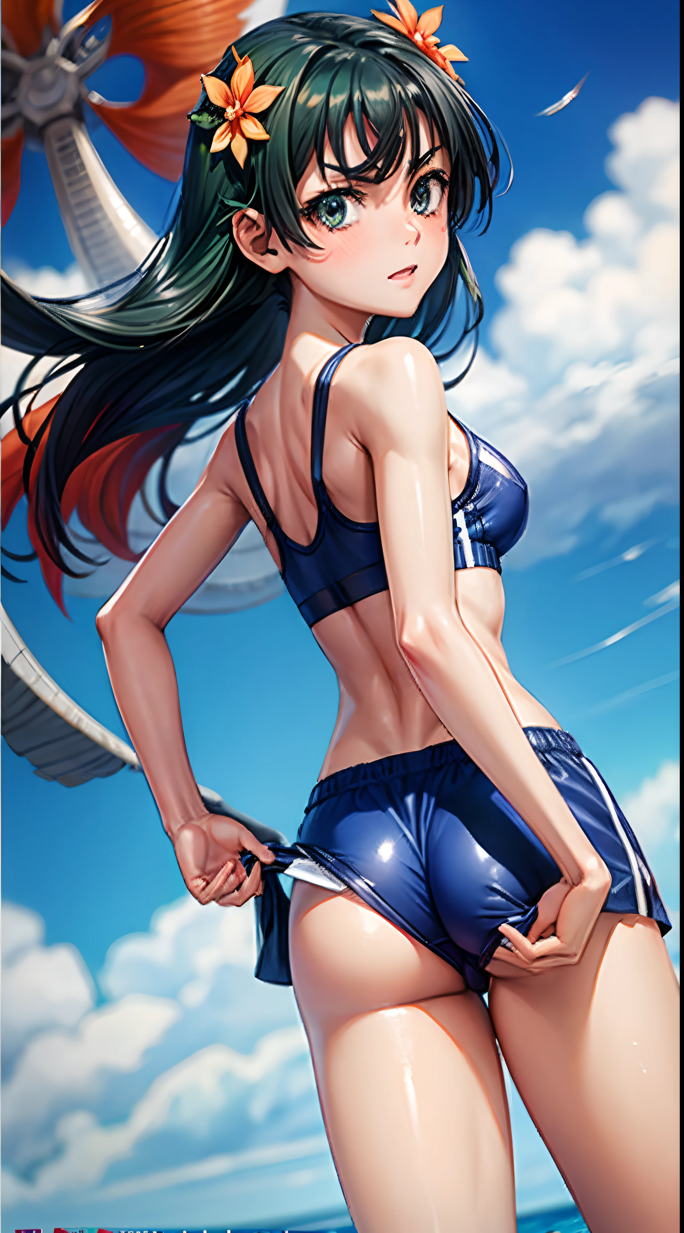 femele,12 years old,,See-through sports bra and boxer shorts,,Wet with water,Look back,(((Nariko Saten)))