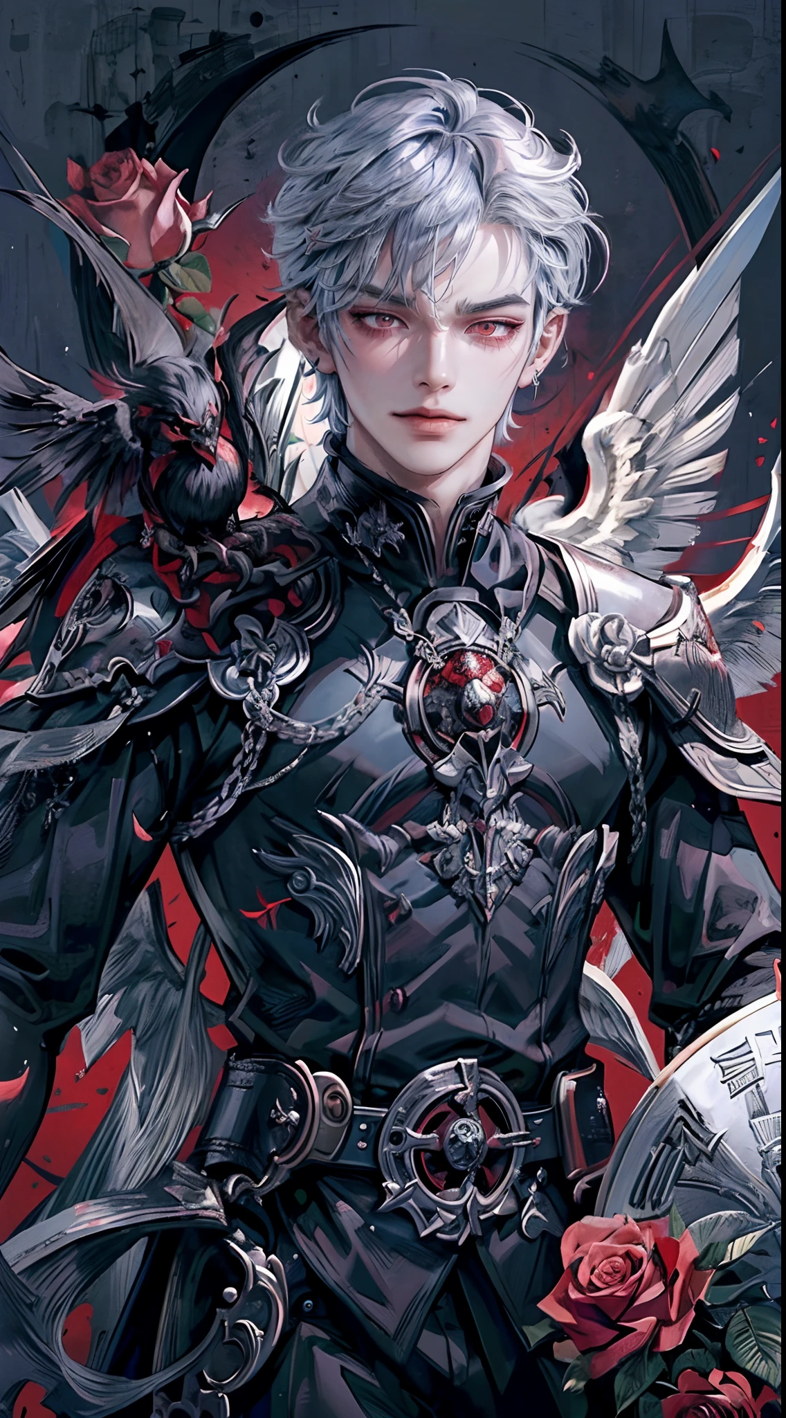 ((4K works))、​masterpiece、（top-quality)、((high-level image quality))、((One Beautiful Fallen Angel Man))、((King of Fallen Angels))、Slim body、((Vampire Black Y-Shirt Fashion))、(Detailed beautiful eyes)、((Red roses and crows on fantastic black background))、Inside the Evil Castle、((Face similar to Chaewon in Ruseraphim))、((Fallen Angel Longhair))、(((bright silver hair)))、((Smaller face))、((Neutral face))、((Evil face))、((Red Eyes))、((Korean Male))、((50 years old))、((wild boy))、((Evil look))、((angry expressions))、((Show your teeth and smile))、((Korean makeup with black eyeshadow))、((elongated and sharp eyes))、((Shot alone))、((Fallen angels))、Photos of fallen angels、Villain、Dark Proof、((Shot from diagonally in front))、Fallen Angel Pose