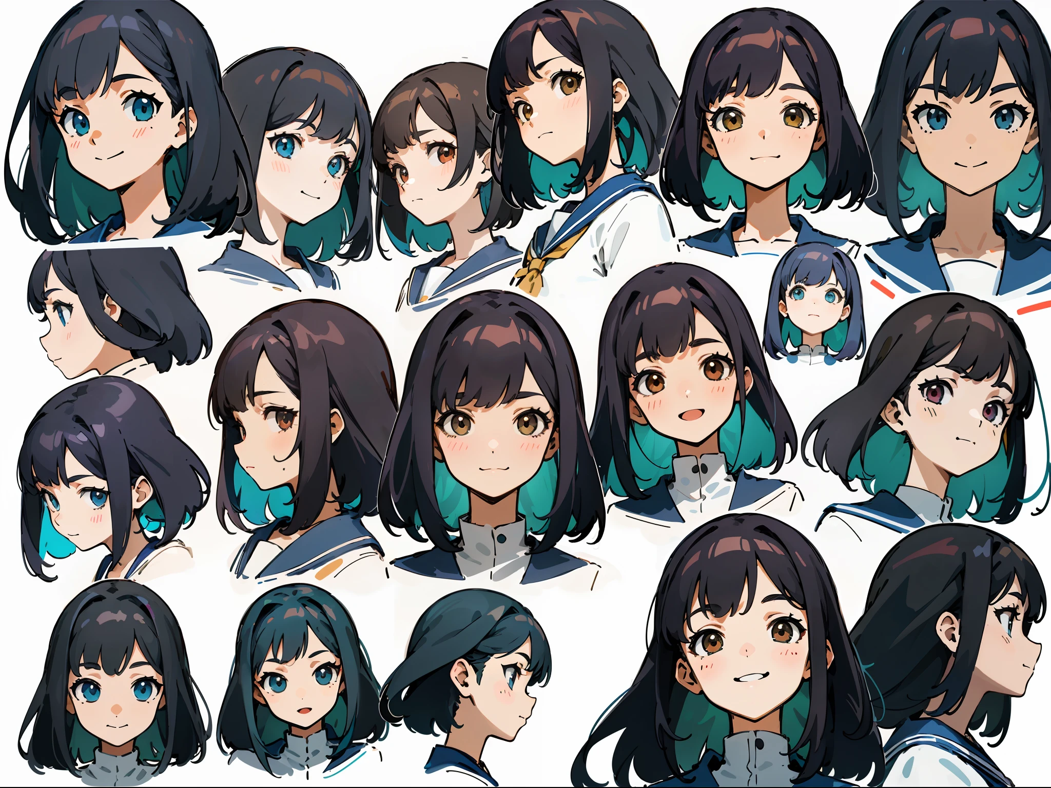 (masterpiece, best quality), 1girl, anime character facial expression sheet, Draw one facial expression from various directions on one sheet, draw a total of 6 faces, 3 horizontally and 2 vertically. The specified facial expression is a cheerful smile, portrait shot area depiction,
BREAK,
girl, age18, 165cm tall, slender, medium bob brunette hair, large slanted eyes, school uniform, (simple white background, only characters are colored:1.3),