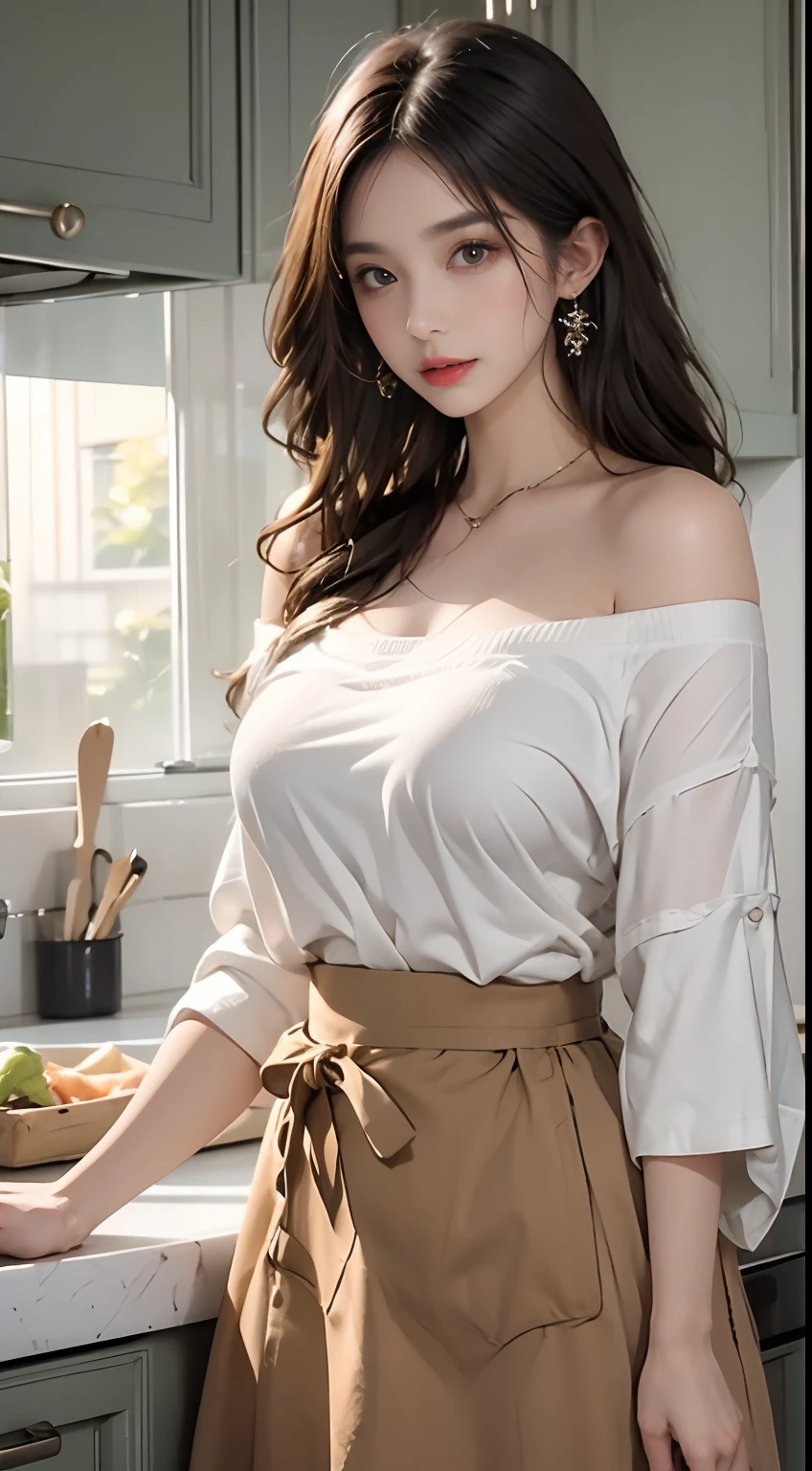 Wearing an off-shoulder knit、Being in the kitchen、Wearing an apron、large full breasts
