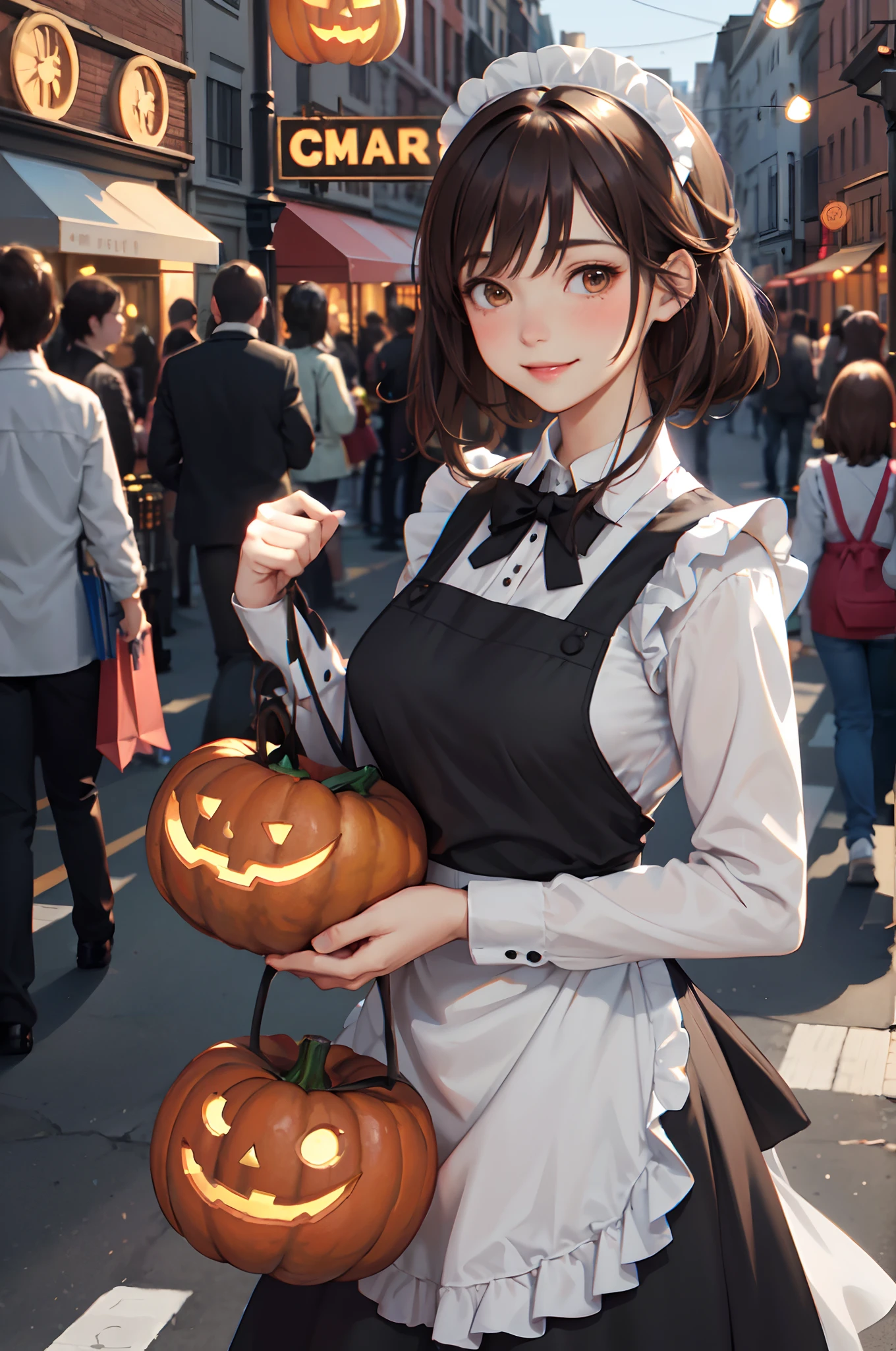 1lady standing, /(maid clothing apron/), /(brown hair/) bangs, blush kind smile, (masterpiece best quality:1.3) delicate illustration ultra-detailed , large breasts BREAK /(shopping streets/) outdoors, jack-o'-lantern Halloween parade, crowded audience