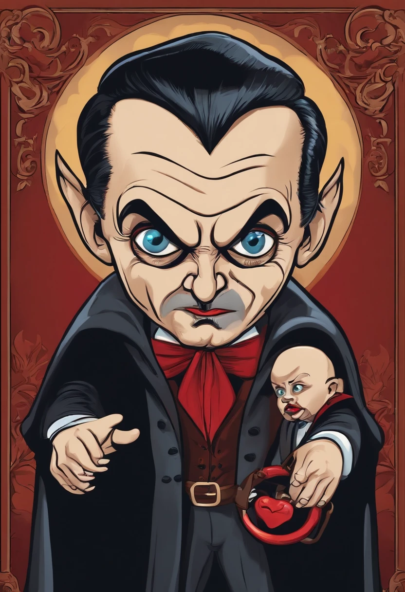Bad look Dracula wearing a children's pacifier. Cartoon 4k