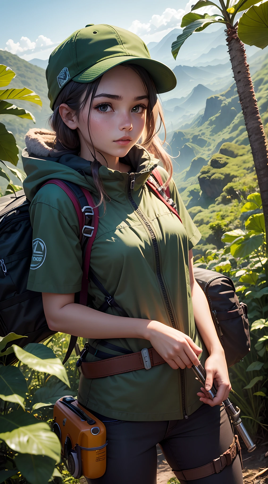 the girl is beautiful in the style of extreme adventures, loves to travel, the photo is close, in the jungle, has tools, is dressed in hiking clothes