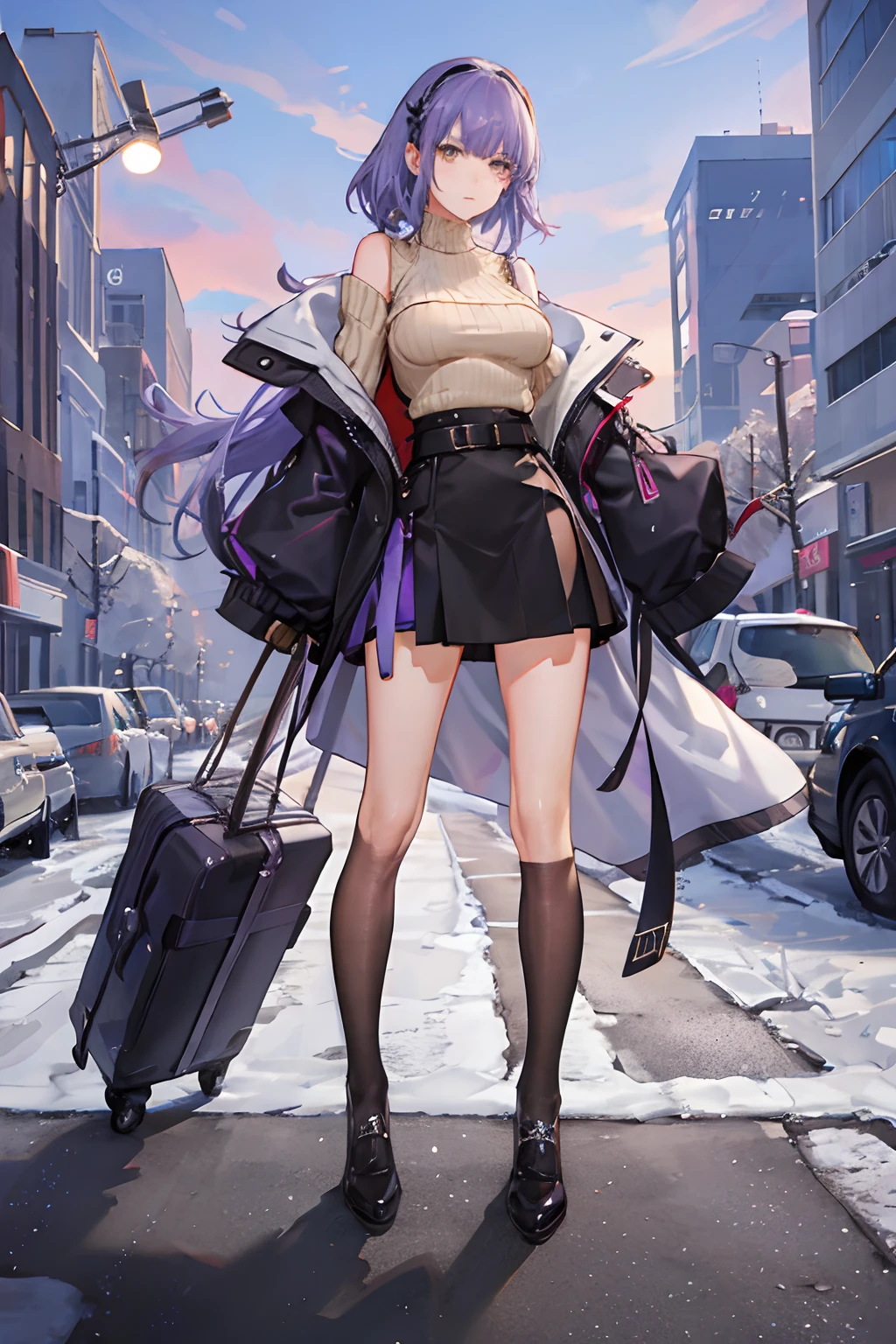1girl, purple hair, beige sweater, long black skirt, big breast, portrait