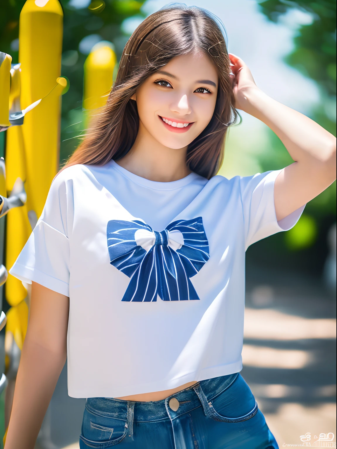 1 girl,full body,high school student,plain white t-shirt,light smile,
master piece,8k,(master piece,ultra high resolution:1.5),(master piece,photorealistic:1.5),(master piece,best quality,ultra detailed:1.5) master piece,detailed eyes,master piece,detailed face,