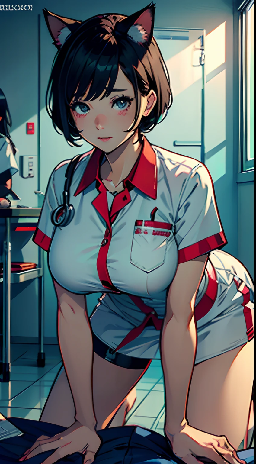 Best quality at best,1girll,comic character,with short black hair,There are cat ears,Nurse's uniform,Pornographic,,Big breasts that expose the,A shy look,The face is red