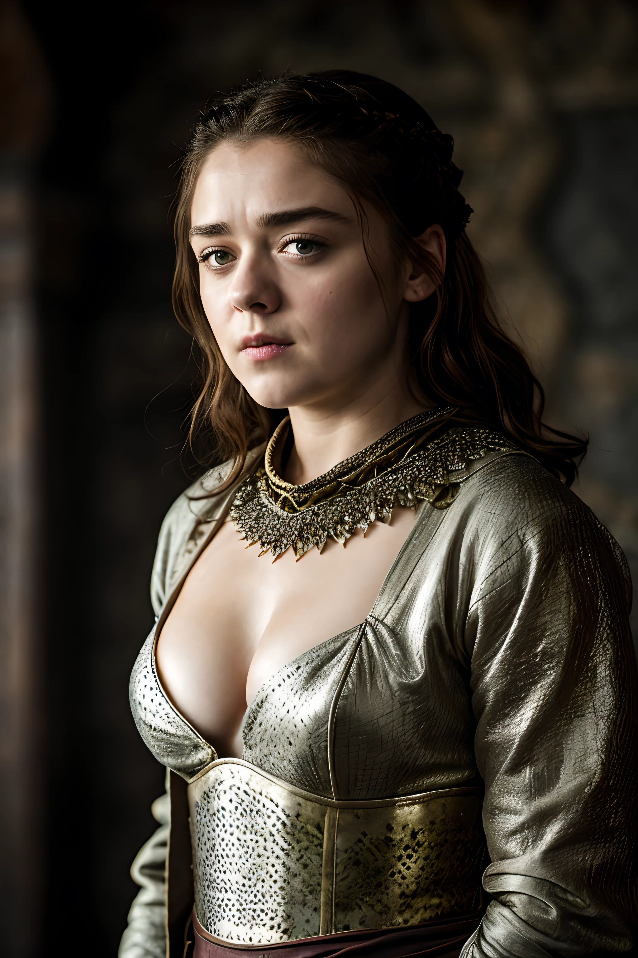 Foto RAW, Arya Stark, Extremely gorgeous lady, Arya Stark PLAYED BY MAISIE WILLIAMS, Queen Arya Stark, she is a mature woman now, milf, sexy mediaeval battle dress, gladiator woman, body, 40 years old Woman, body revealing costumes, perky breast, big natural breast, erotic costumes, lusty physique, seductive figure can capture every people's attention, Game of thrones costumes, revealing captivating figure, Mediaeval costumes, revealing clothes, A tomboy, she would rather fence than dance, warrior queen , game of thrones screen caps, Game of Thrones Series, (pele altamente detalhada: 1.2), 8k UHD, DSLR, soft-lighting, alta qualidade, grain of film, Fujifilm XT3, flawless picture, highly detailed, detailed Beauty, intricate, 32k, sharp picture,