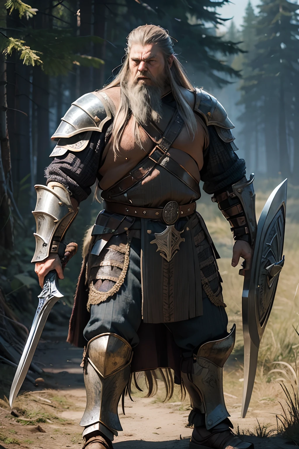 Man, long beard heavy metal Armor, Viking, axe in hand, angry, tired