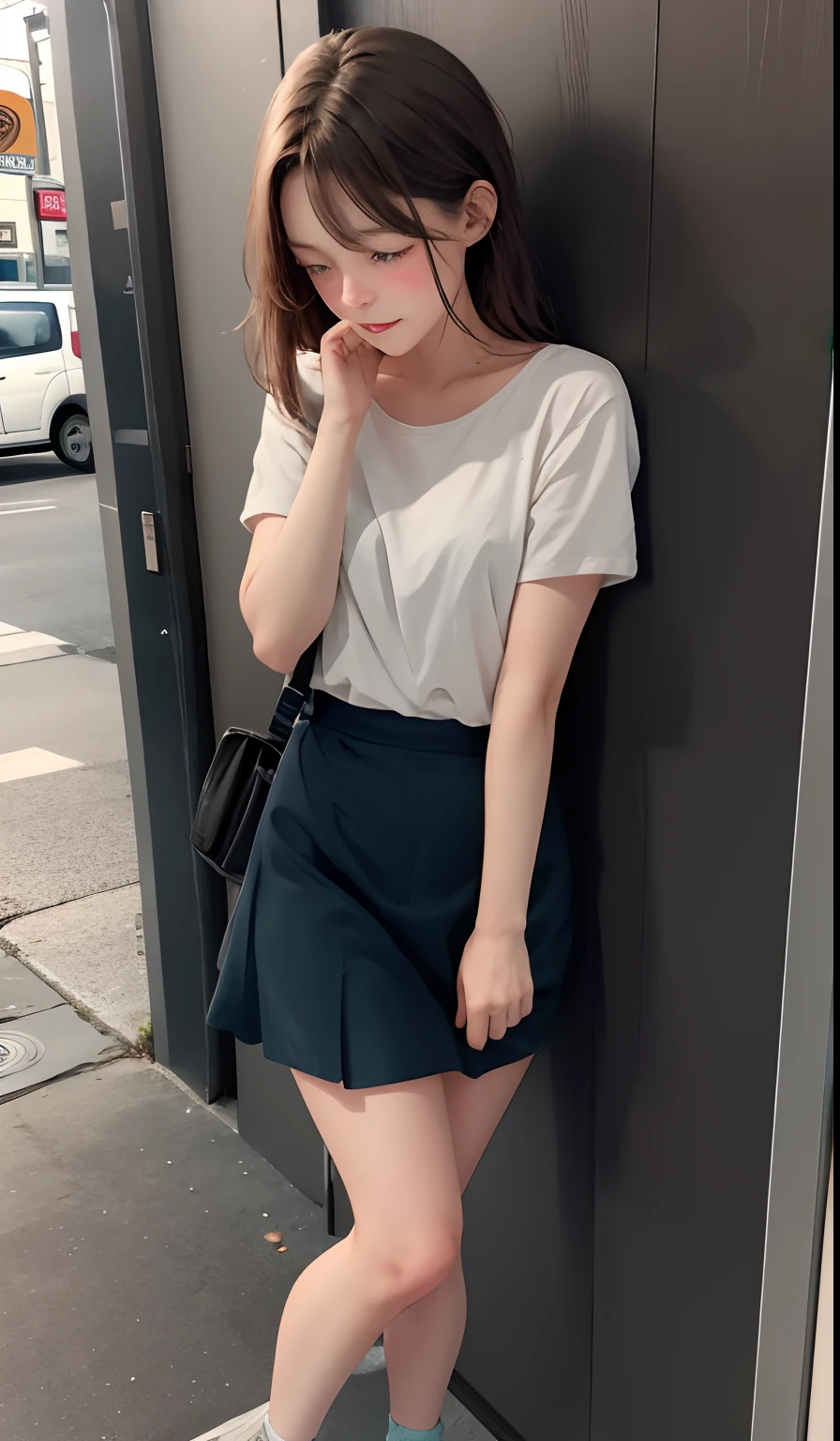 1 girl is taking to lavatory, looking away, standing, Green eyes, embarrassed, blush, Keep one's mouth shut, street (girl is peeing self:0.4)