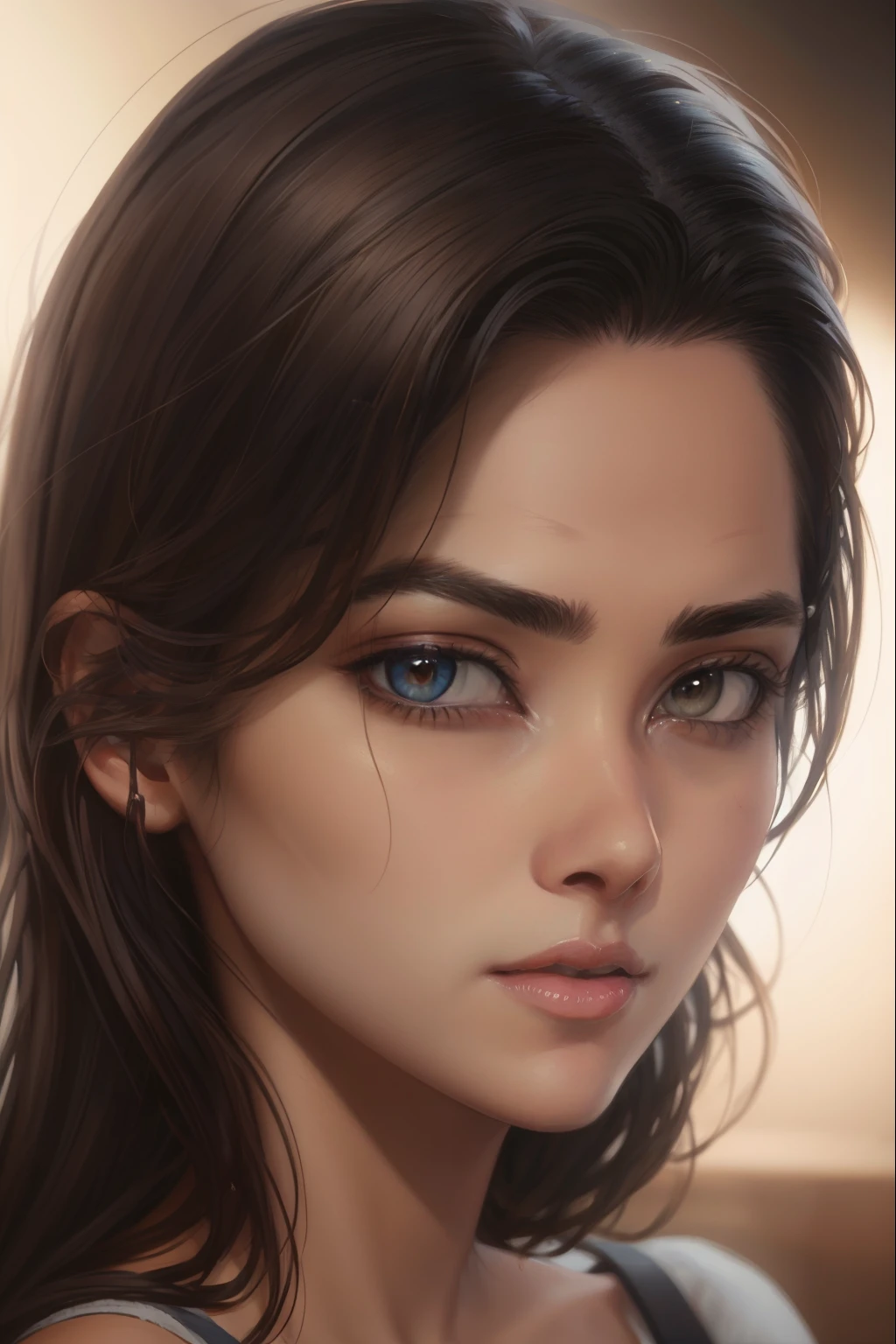 Btflindngds, a beautiful girl, brown eyes, brunette, mid shot, photorealistic painting by artgerm and (greg rutkowski:0.3), portrait, (dynamic:0.4) lighting