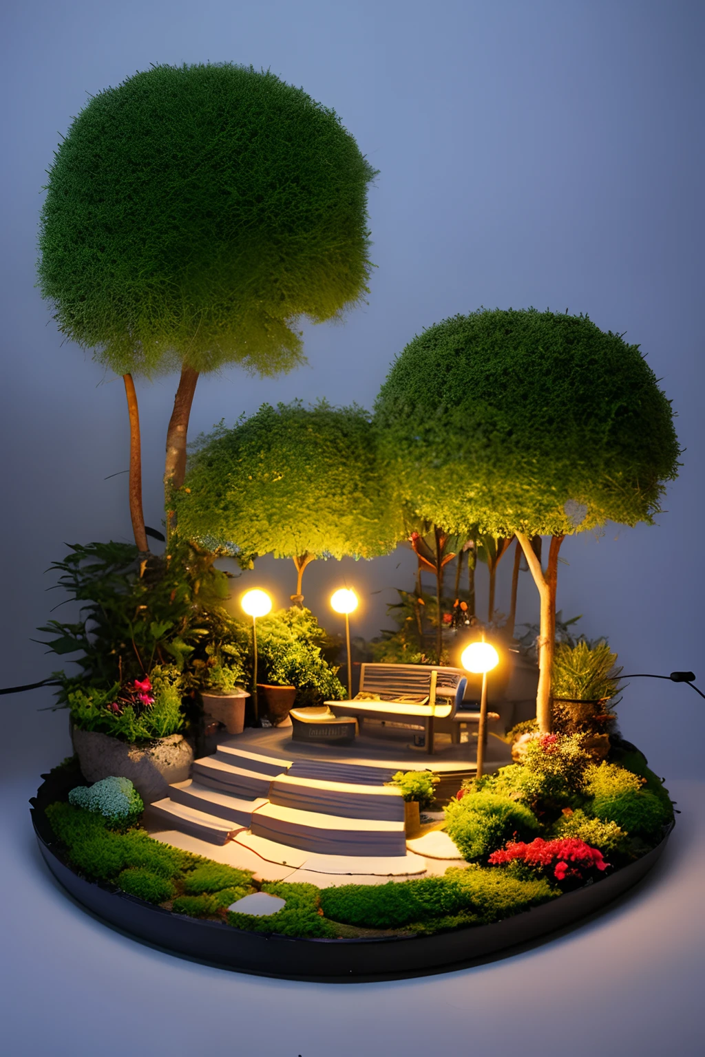 (Pixar style),miniature garden、Who cares for a miniature treehouse:1.7、Miniature Figure Models, Right-to-left light source, Rambrandt Lighting, Right-to-left light source, (Isometric view), (top down), Realistic scale, Post-processing, ((Orthogonal perspective)), Super Detail, Realistic, Super realistic, lifelike rendering, Slightly dim lighting、Professional Photographer