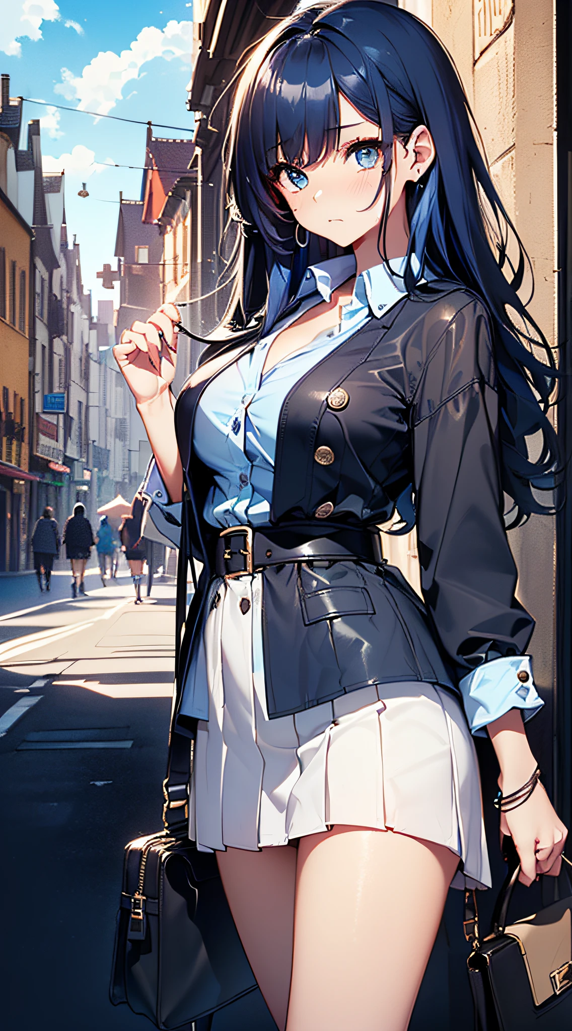 top-quality、Top image quality、masterpiece、girl with((cute little、、Best Bust、Medium bust、Bust 85,Beautiful blue eyes、Breasts wide open,Long Black Hair、A slender、Blue hair mesh、Y-shirt with white collar open to second button、Blue short skirt,satchel,embarassed face、run、Reflecting the whole body、Black underwear、Panchira))hiquality、Beautiful Art、Background with((blue-sky、towns)),masutepiece、Elaborate design、visualart、depth of fields、The best lighting、highestdetailed、8k